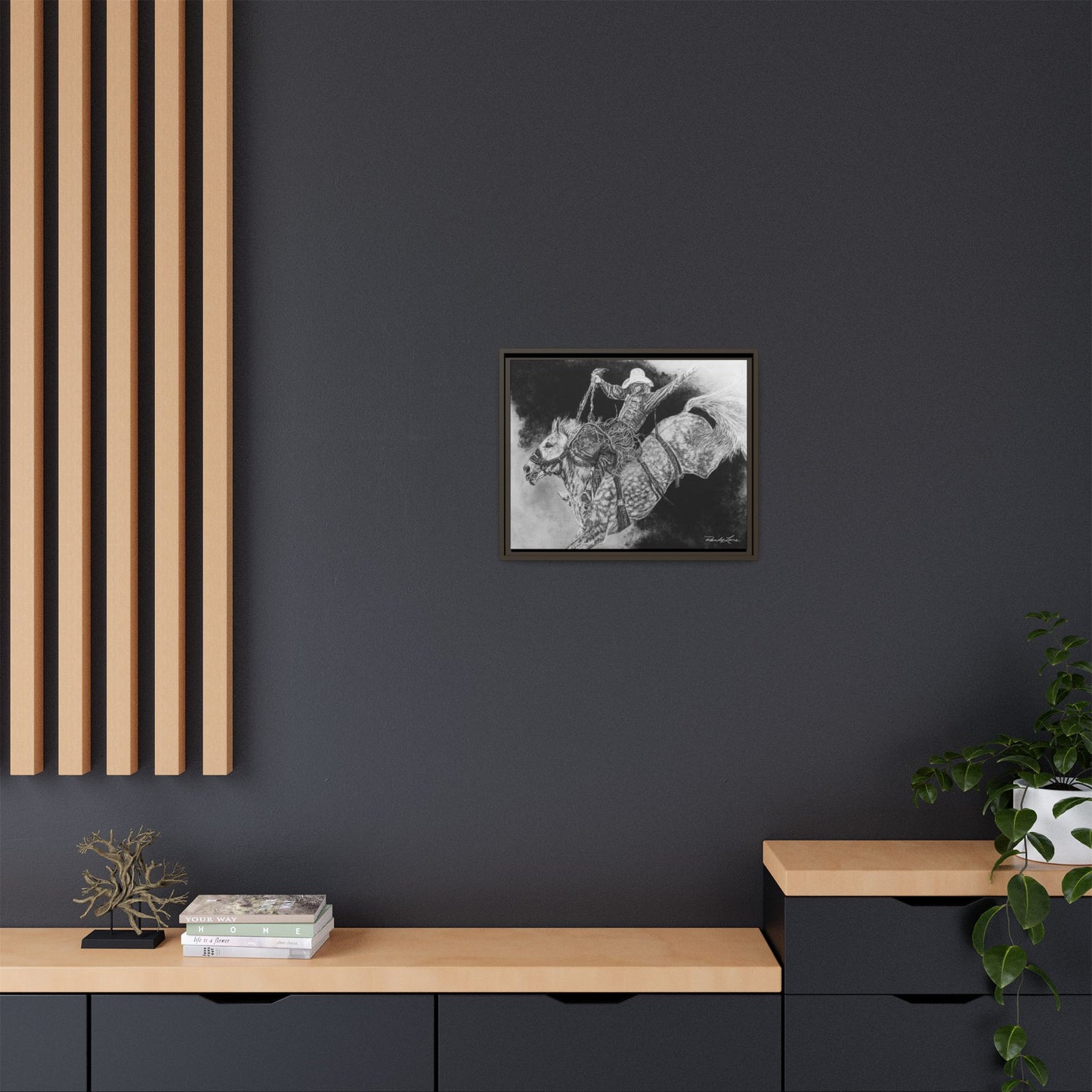 Big Grey, Rodeo Bareback Bronc Painting Framed Matte Canvas Wall Art — Bucking Bronco Cowboy Print