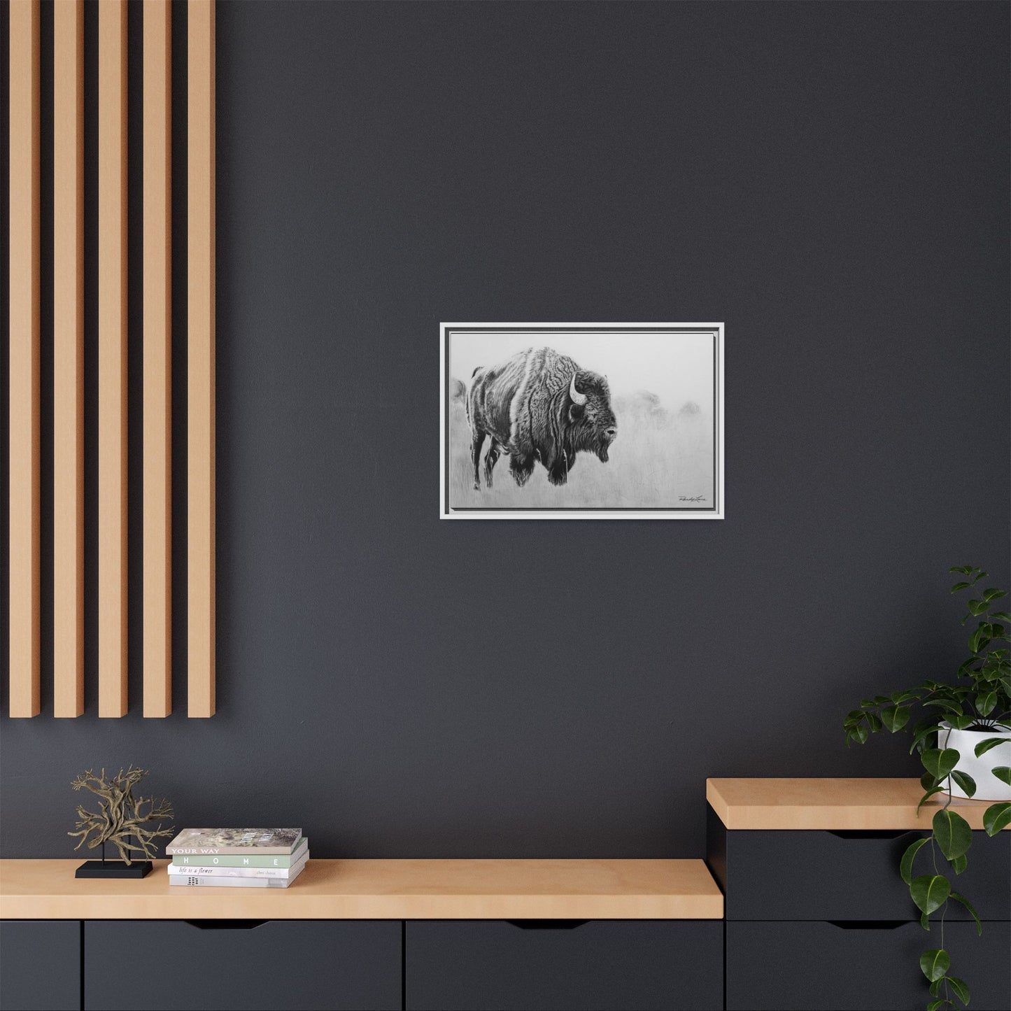 Prairie Bison, Bison Painting Framed Matte Canvas Print — Black & White Wildlife Wall Art