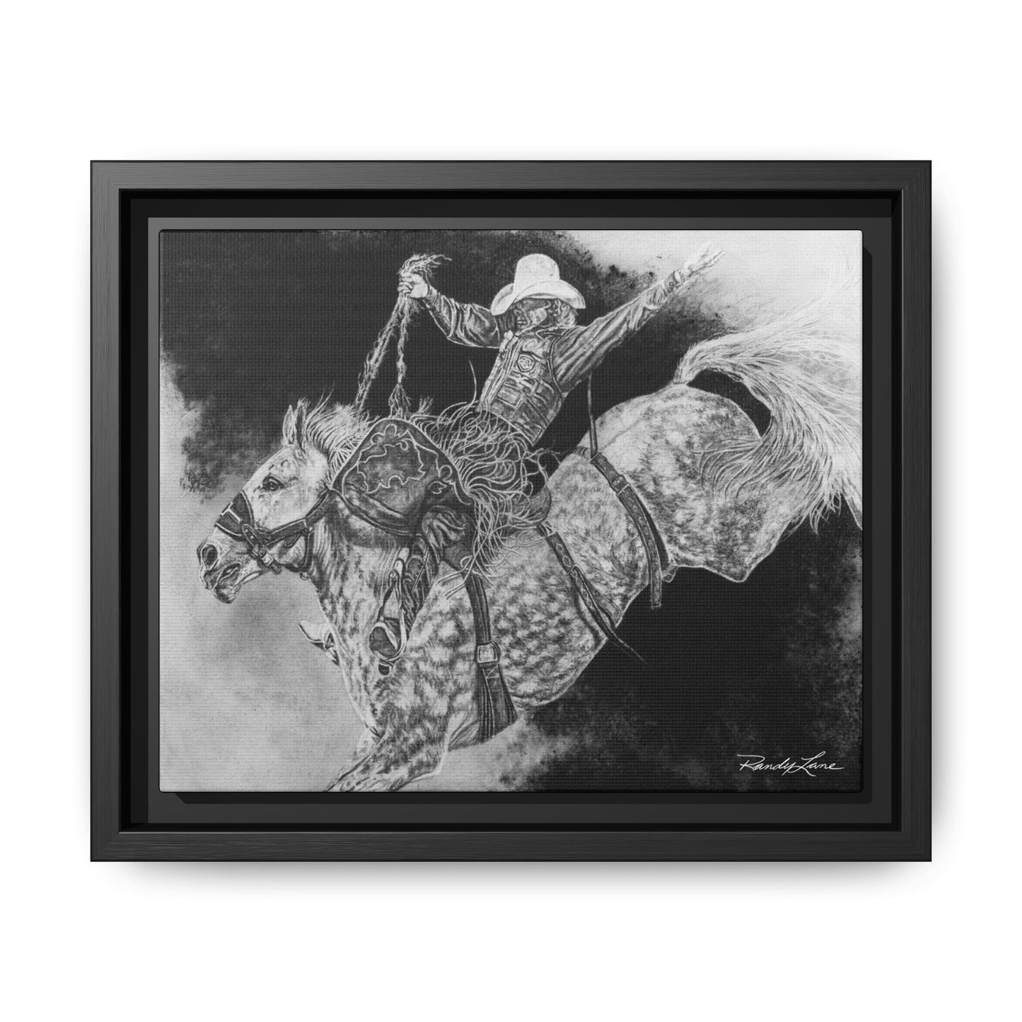 Big Grey, Rodeo Bareback Bronc Painting Framed Matte Canvas Wall Art — Bucking Bronco Cowboy Print