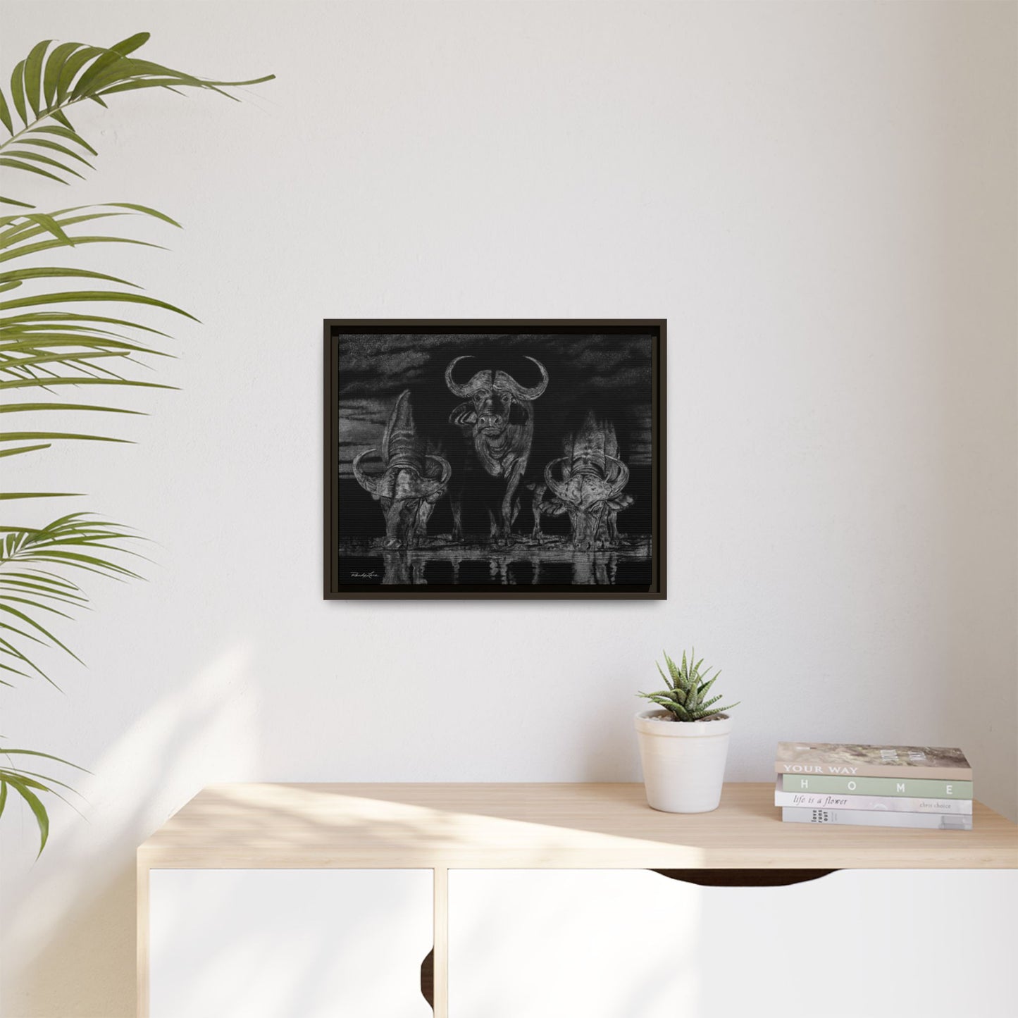 The Waterhole, Cape Buffalo Framed Canvas Wall Art
