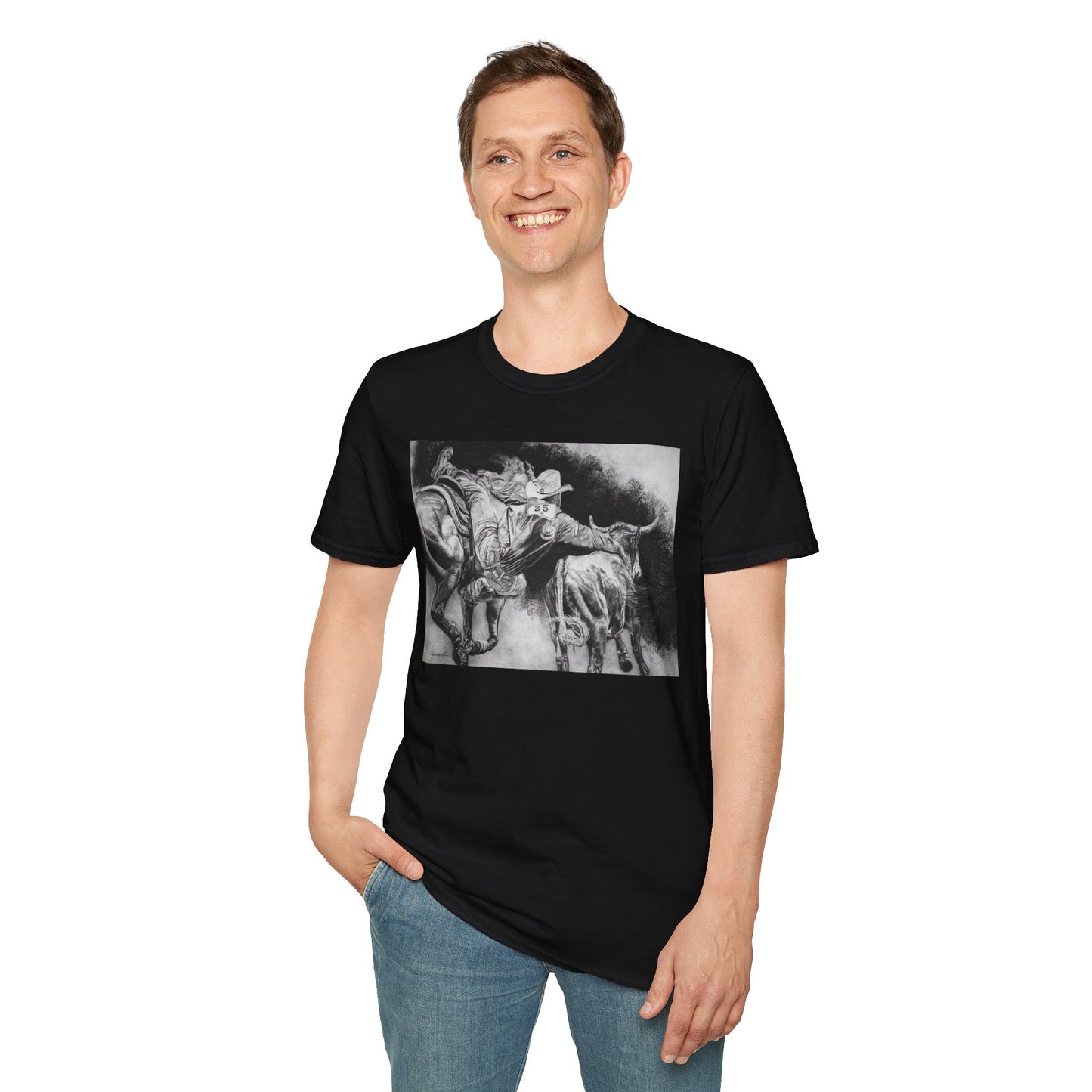 Contact. Cowboy Bulldogger Rodeo Art Unisex Softstyle T-Shirt