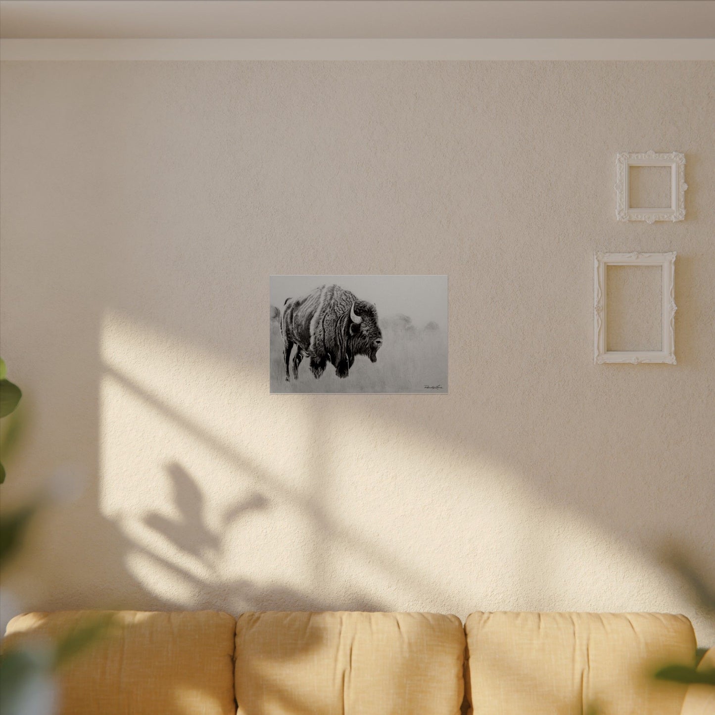 Prairie Bison, Bison Painting Matte Print – Textured Black & White Wildlife Art Print