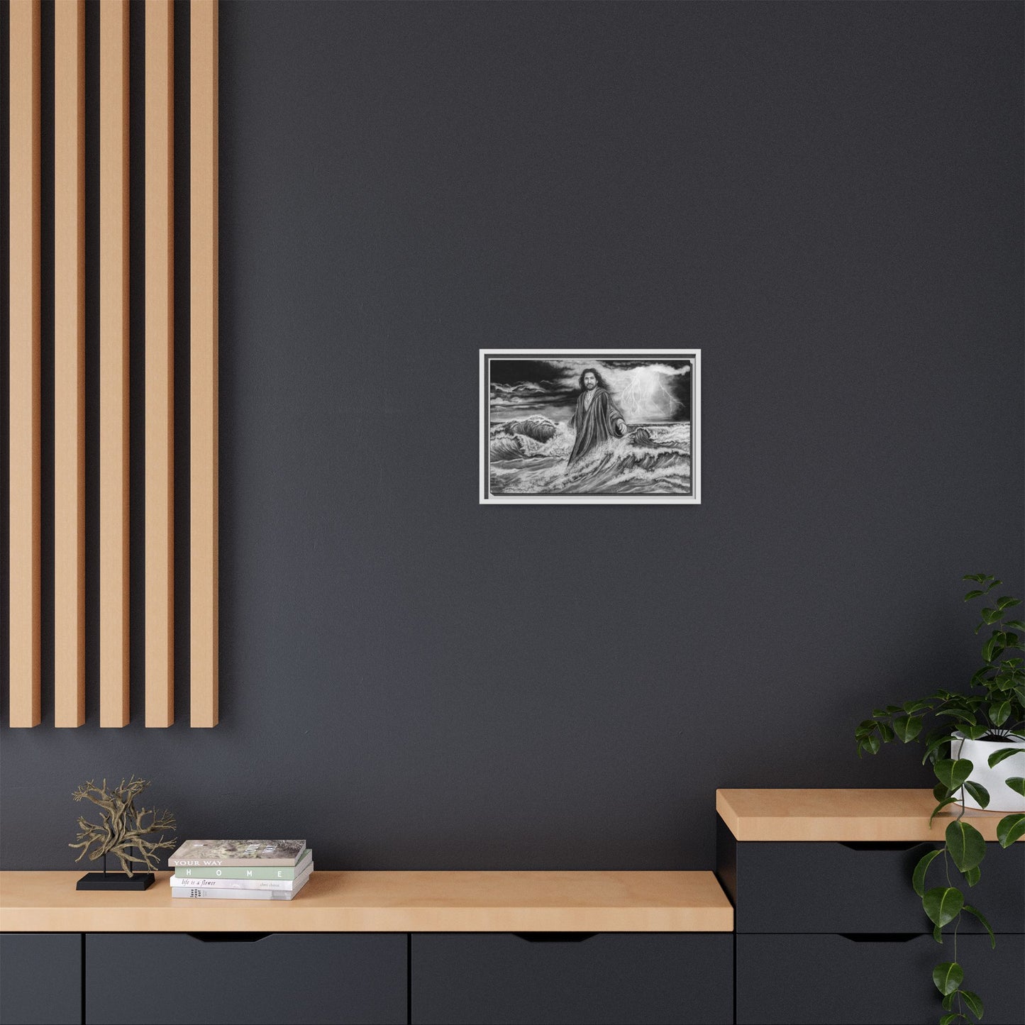 View from the Boat, Jesus Walking on Water Painting Framed Matte Canvas — Religious Wall Art