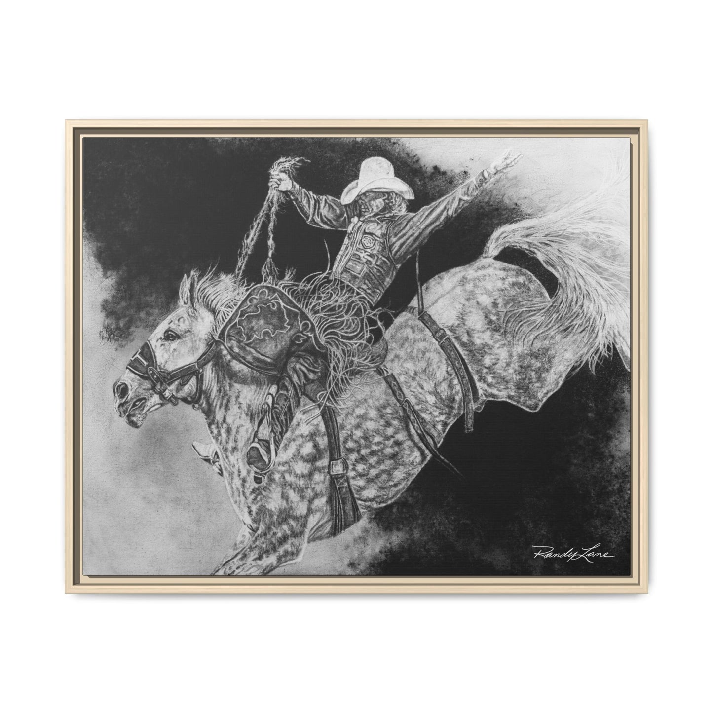 Big Grey, Rodeo Bareback Bronc Painting Framed Matte Canvas Wall Art — Bucking Bronco Cowboy Print