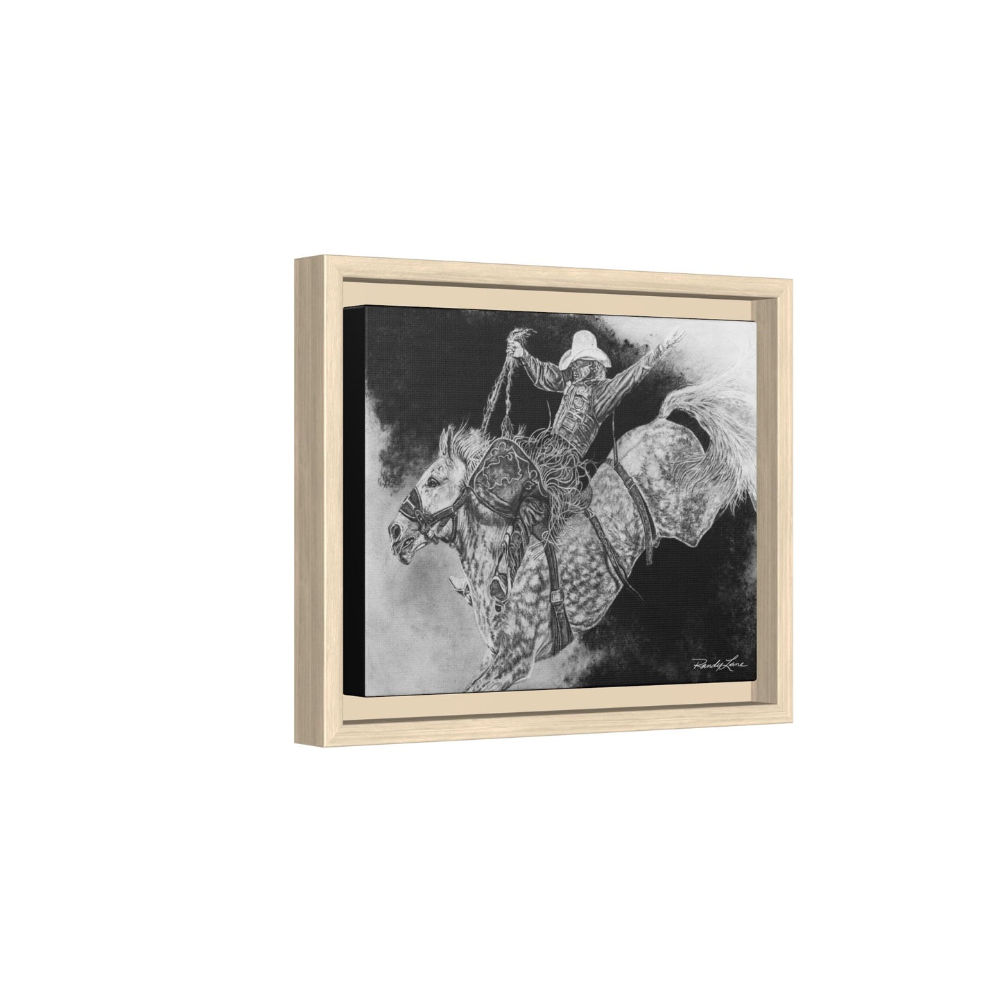 Big Grey, Rodeo Bareback Bronc Painting Framed Matte Canvas Wall Art — Bucking Bronco Cowboy Print