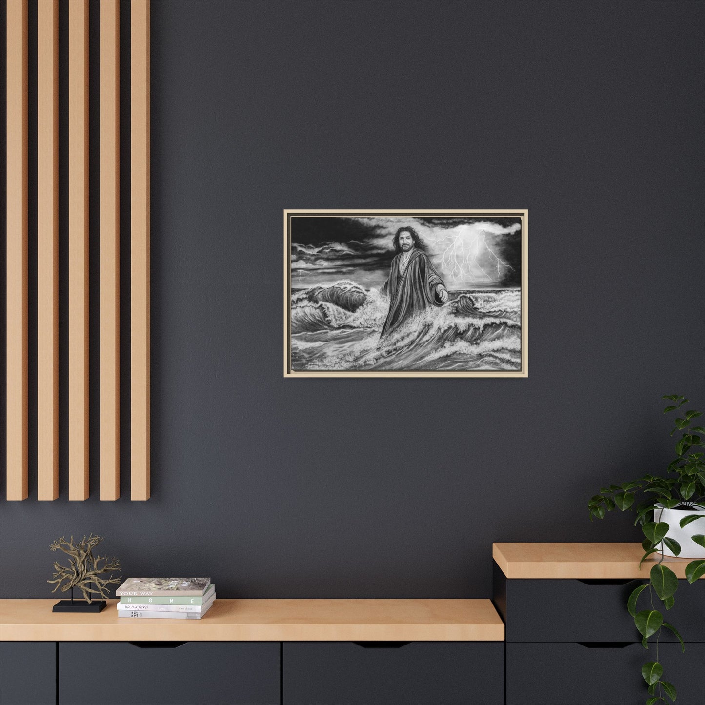 View from the Boat, Jesus Walking on Water Painting Framed Matte Canvas — Religious Wall Art