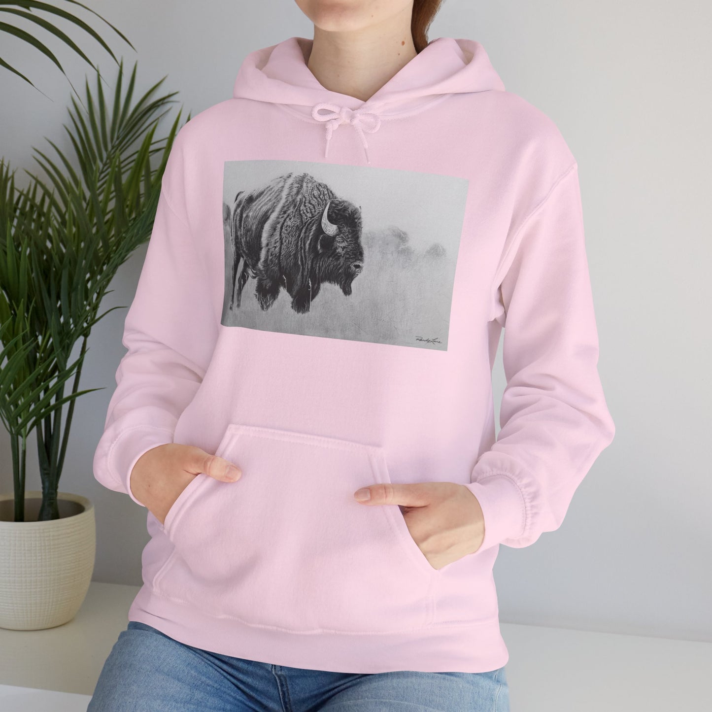 Prairie Bison, Bison Painting Hoodie — Black & White Rustic Buffalo Image Sweatshirt