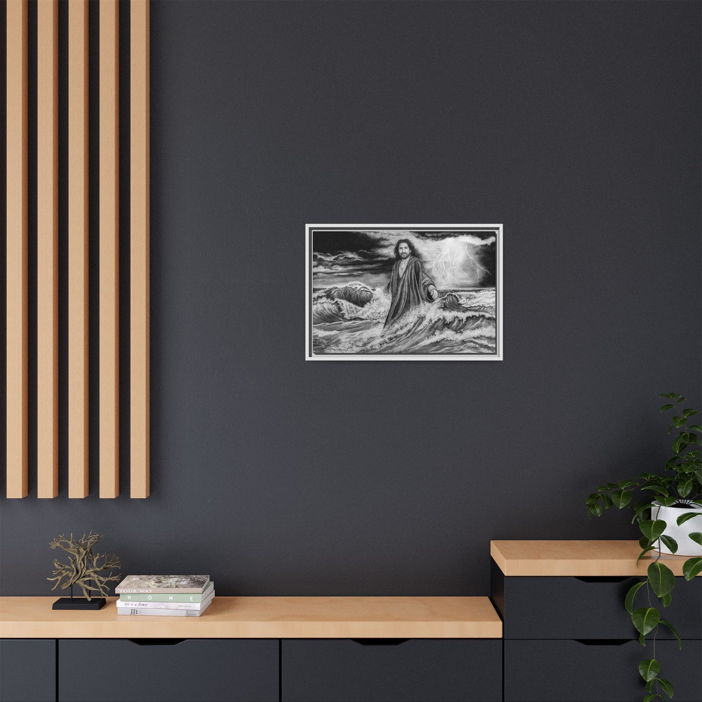 View from the Boat, Jesus Walking on Water Painting Framed Matte Canvas — Religious Wall Art