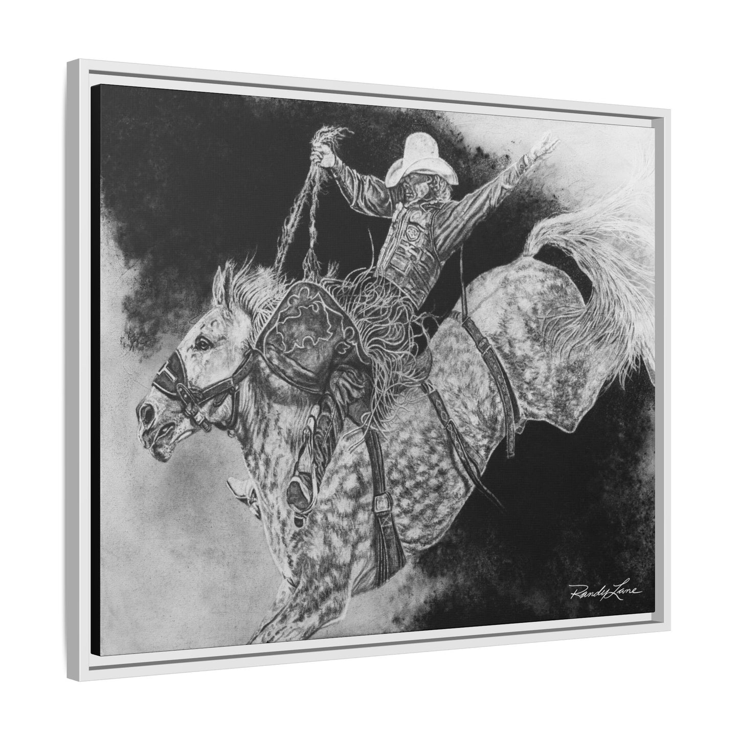 Big Grey, Rodeo Bareback Bronc Painting Framed Matte Canvas Wall Art — Bucking Bronco Cowboy Print