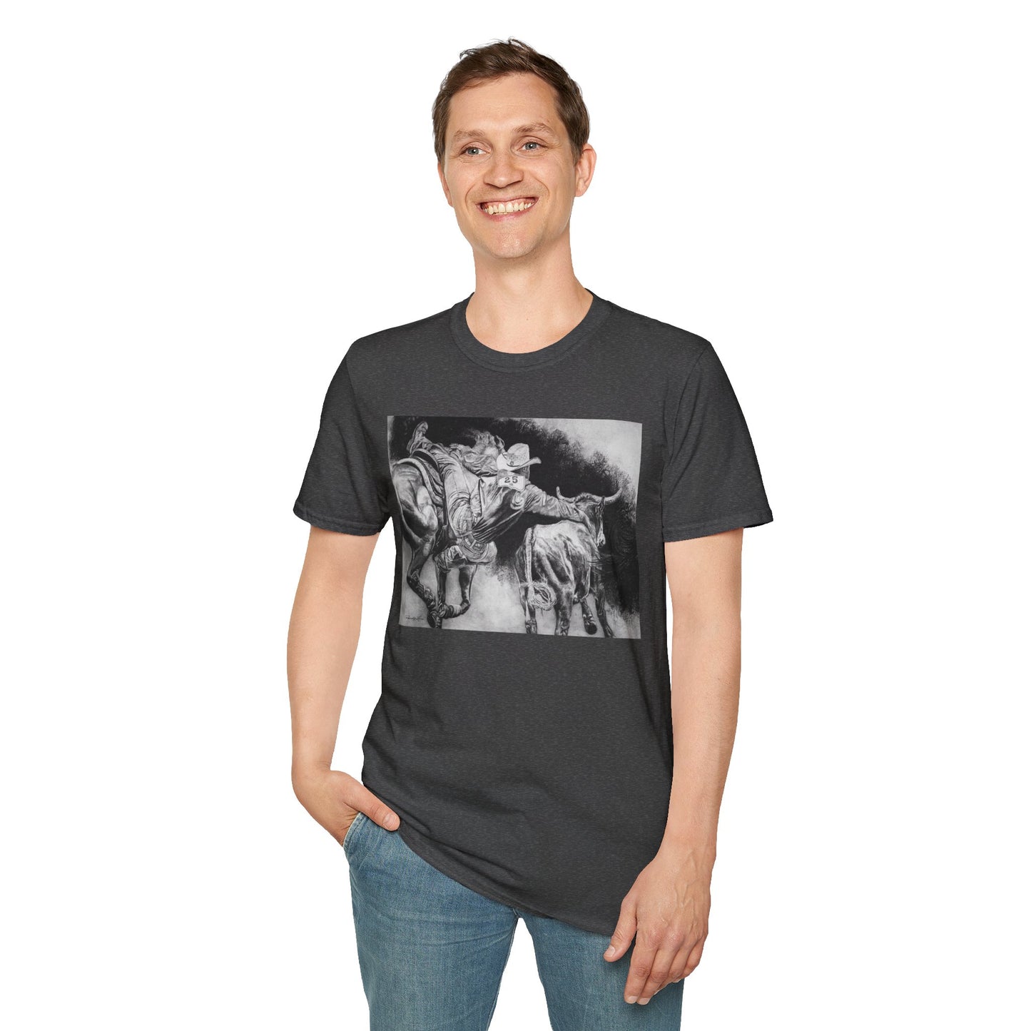 Contact. Cowboy Bulldogger Rodeo Art Unisex Softstyle T-Shirt