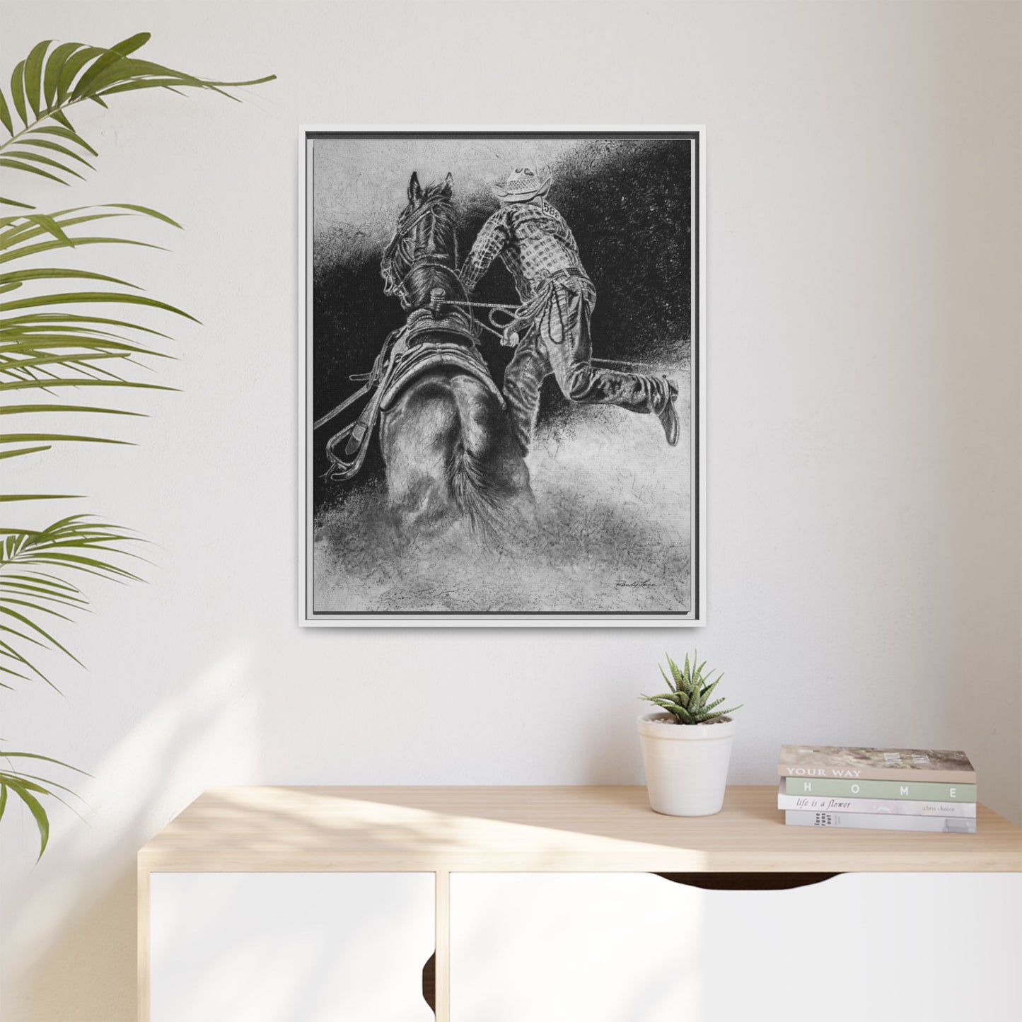 The Dismount. Steer Roper Framed Stretched Canvas Art
