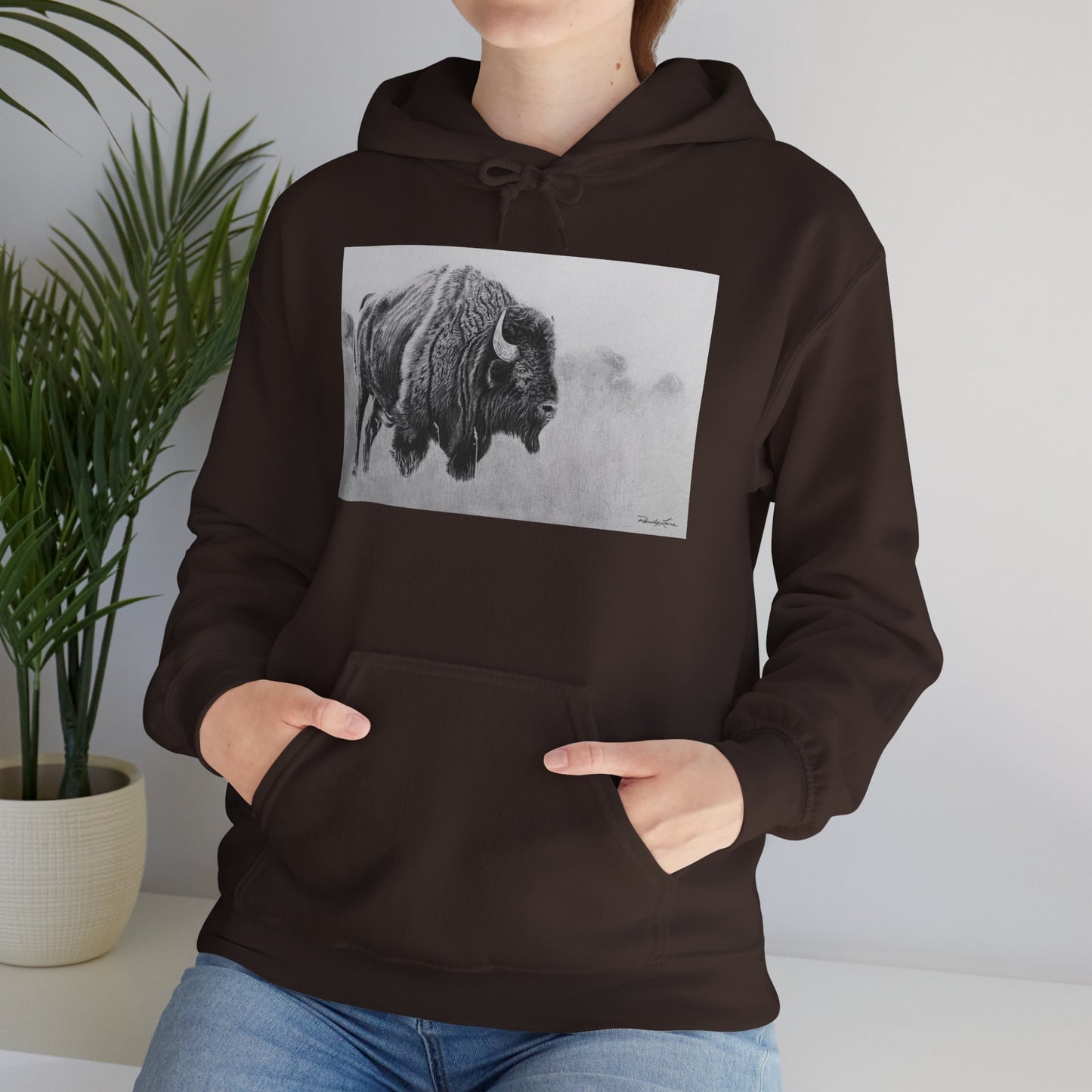 Prairie Bison, Bison Painting Hoodie — Black & White Rustic Buffalo Image Sweatshirt