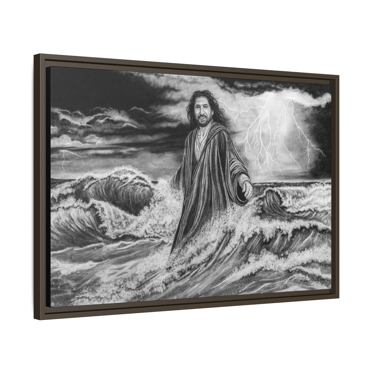 View from the Boat, Jesus Walking on Water Painting Framed Matte Canvas — Religious Wall Art