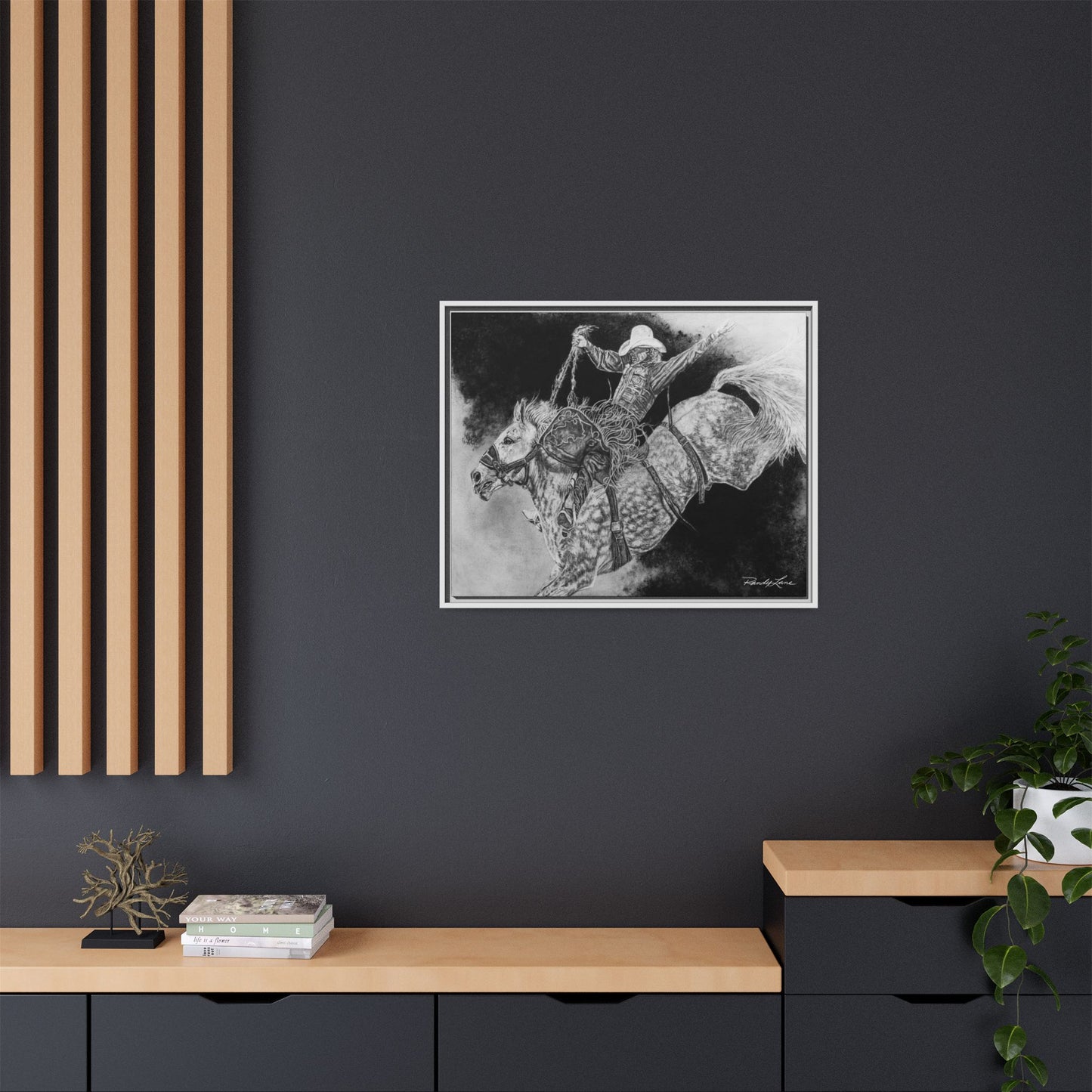 Big Grey, Rodeo Bareback Bronc Painting Framed Matte Canvas Wall Art — Bucking Bronco Cowboy Print
