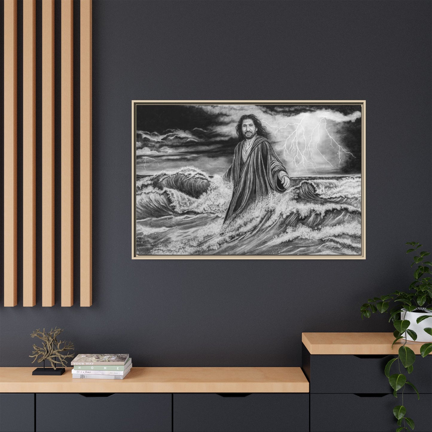 View from the Boat, Jesus Walking on Water Painting Framed Matte Canvas — Religious Wall Art