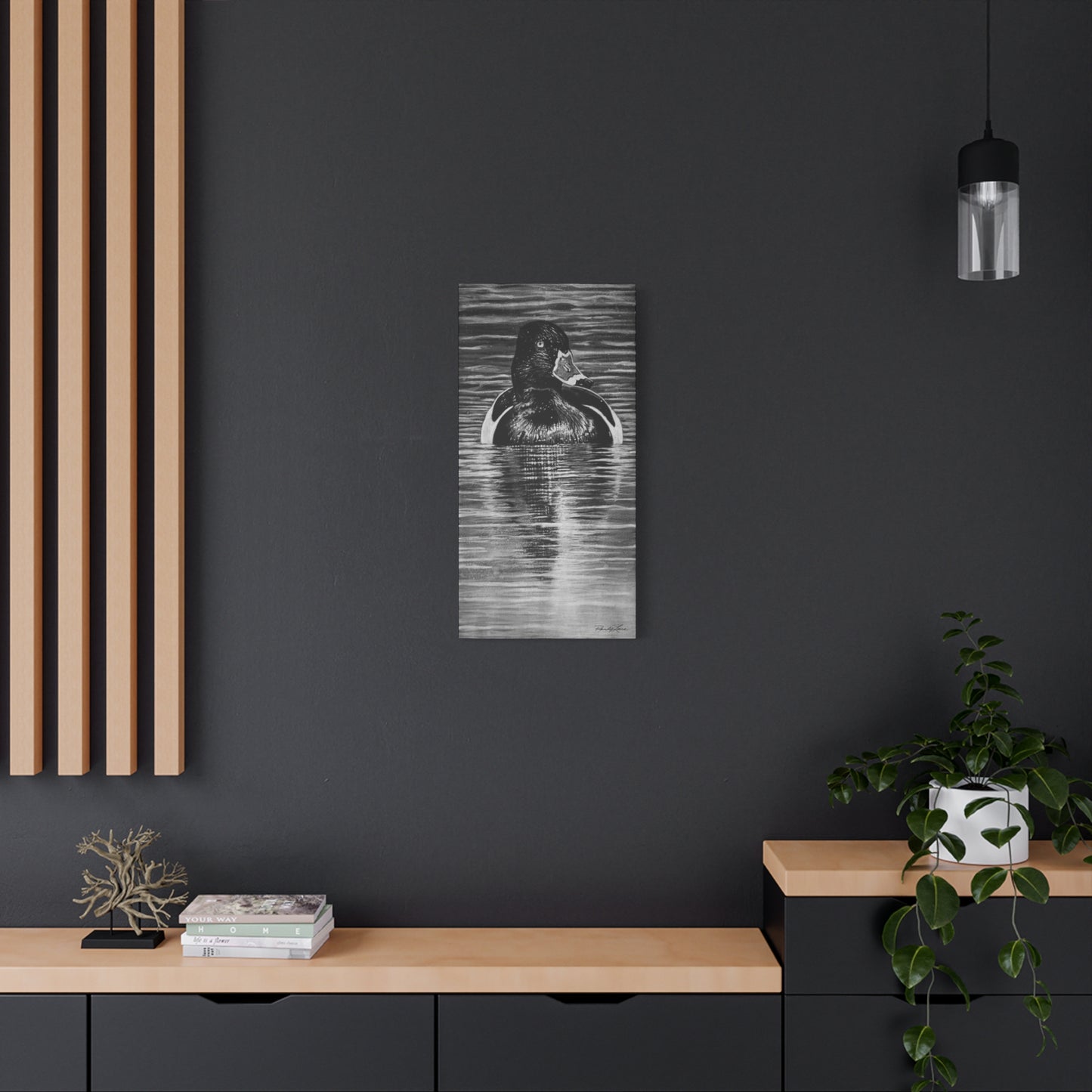 Reflection, Ring necked Duck Painting, Stretched Matte Canvas