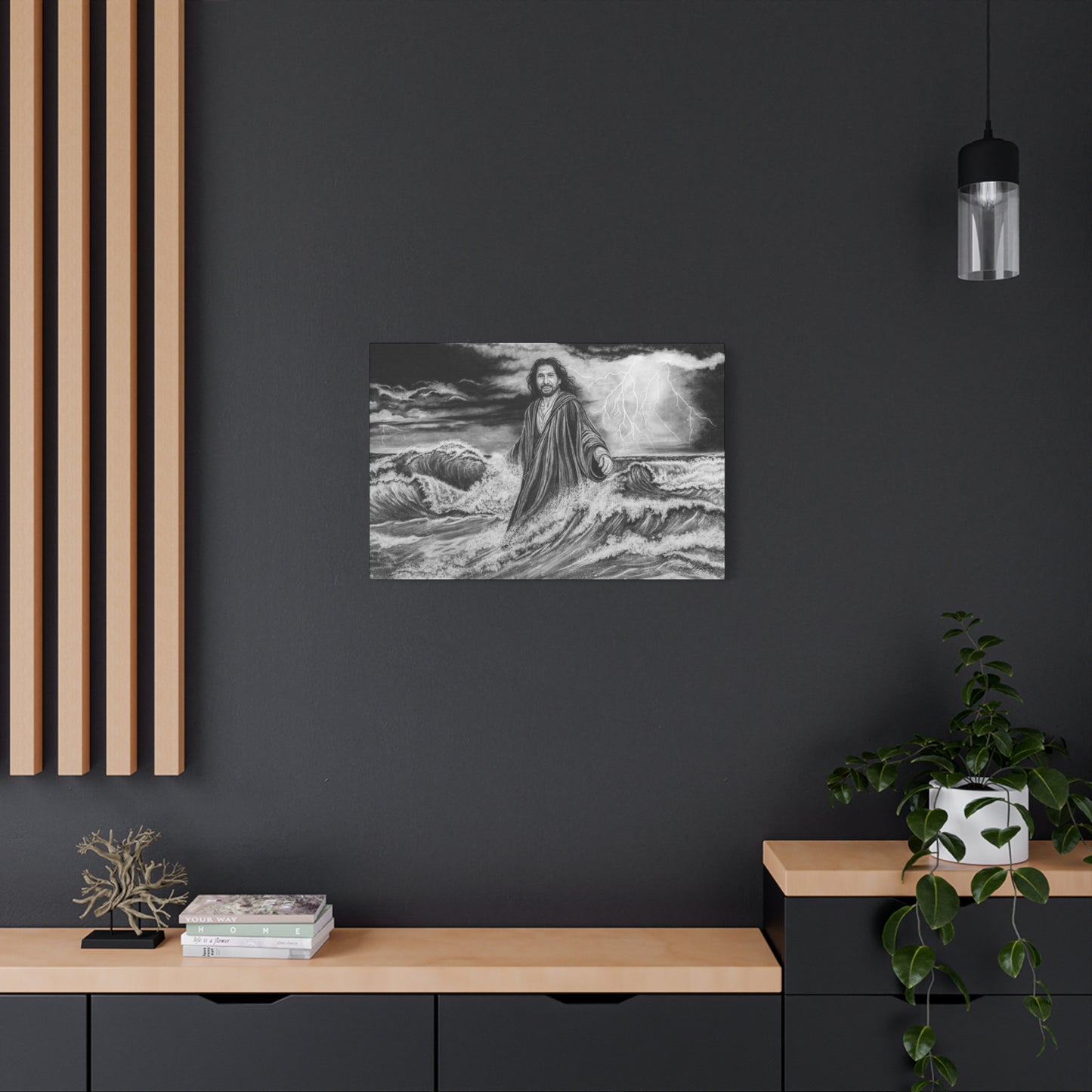 View from the Boat, Jesus Walking on Water Painting, Matte Stretched Canvas Wall Art