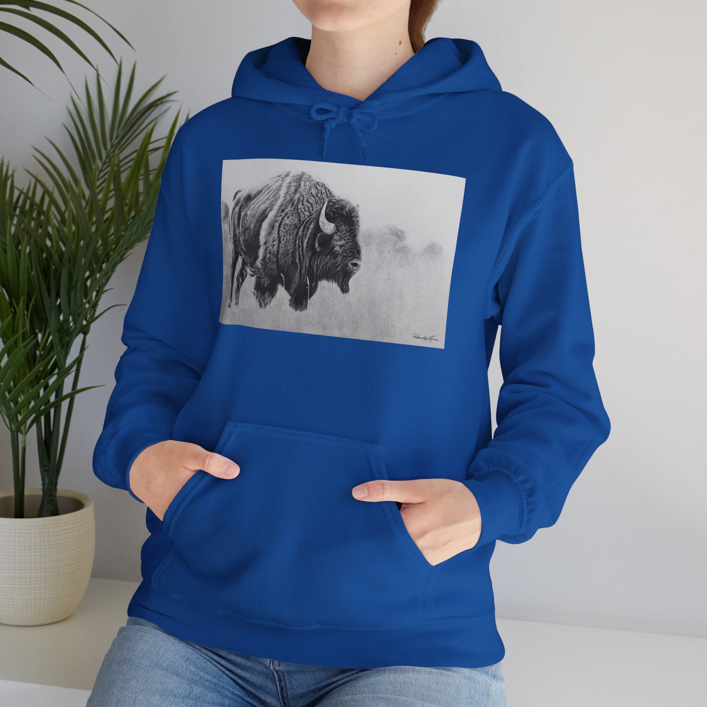 Prairie Bison, Bison Painting Hoodie — Black & White Rustic Buffalo Image Sweatshirt