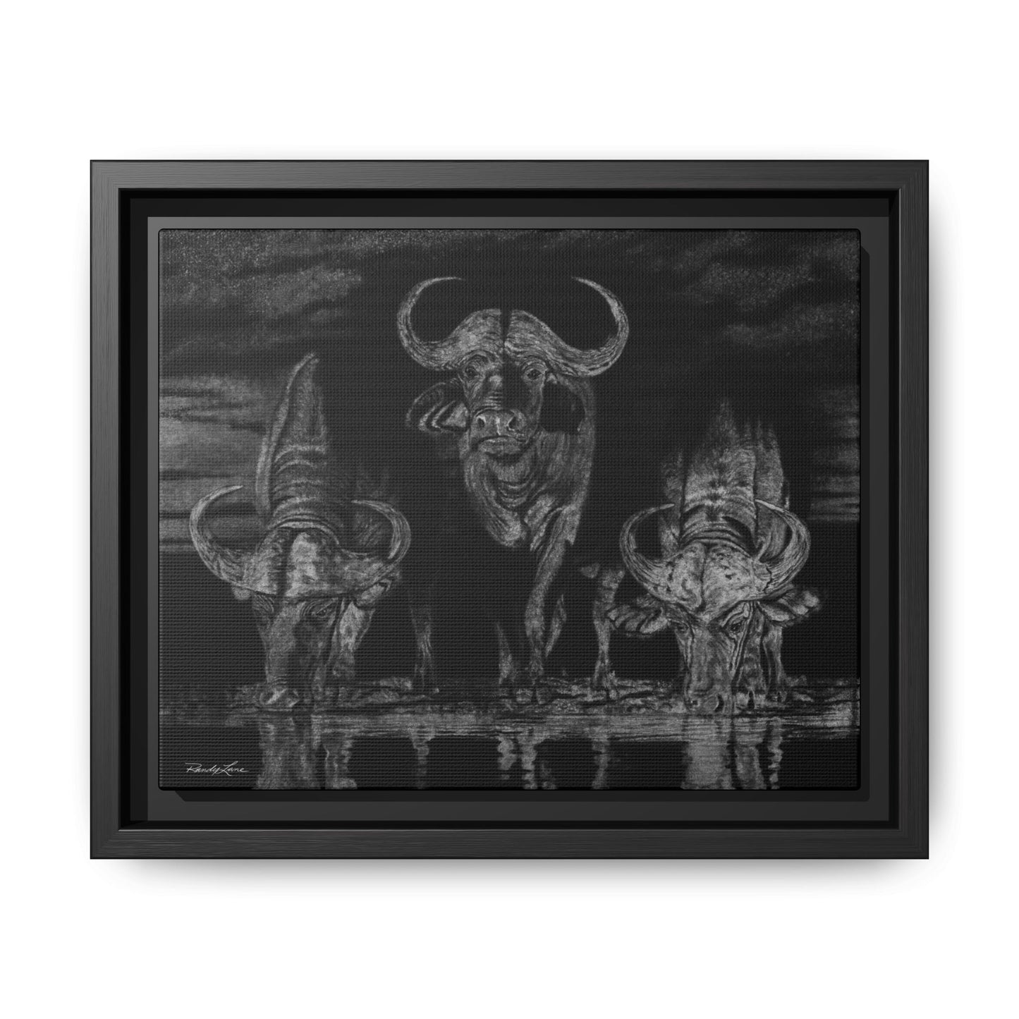 The Waterhole, Cape Buffalo Framed Canvas Wall Art