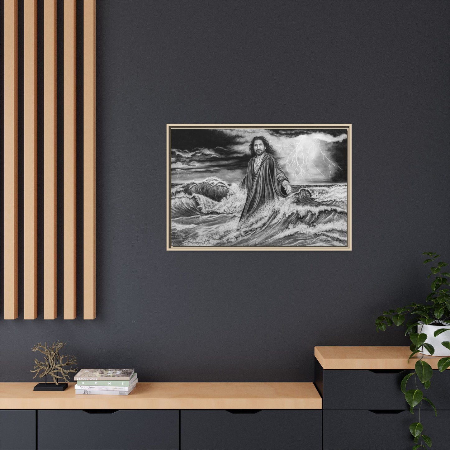 View from the Boat, Jesus Walking on Water Painting Framed Matte Canvas — Religious Wall Art