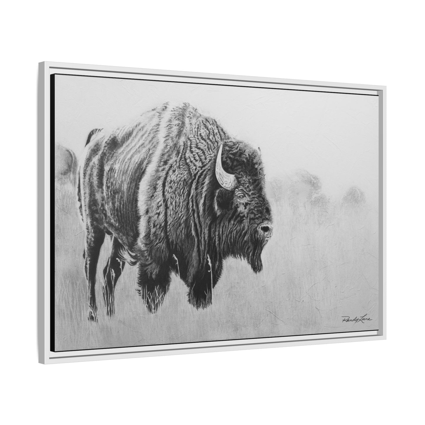 Prairie Bison, Bison Painting Framed Matte Canvas Print — Black & White Wildlife Wall Art
