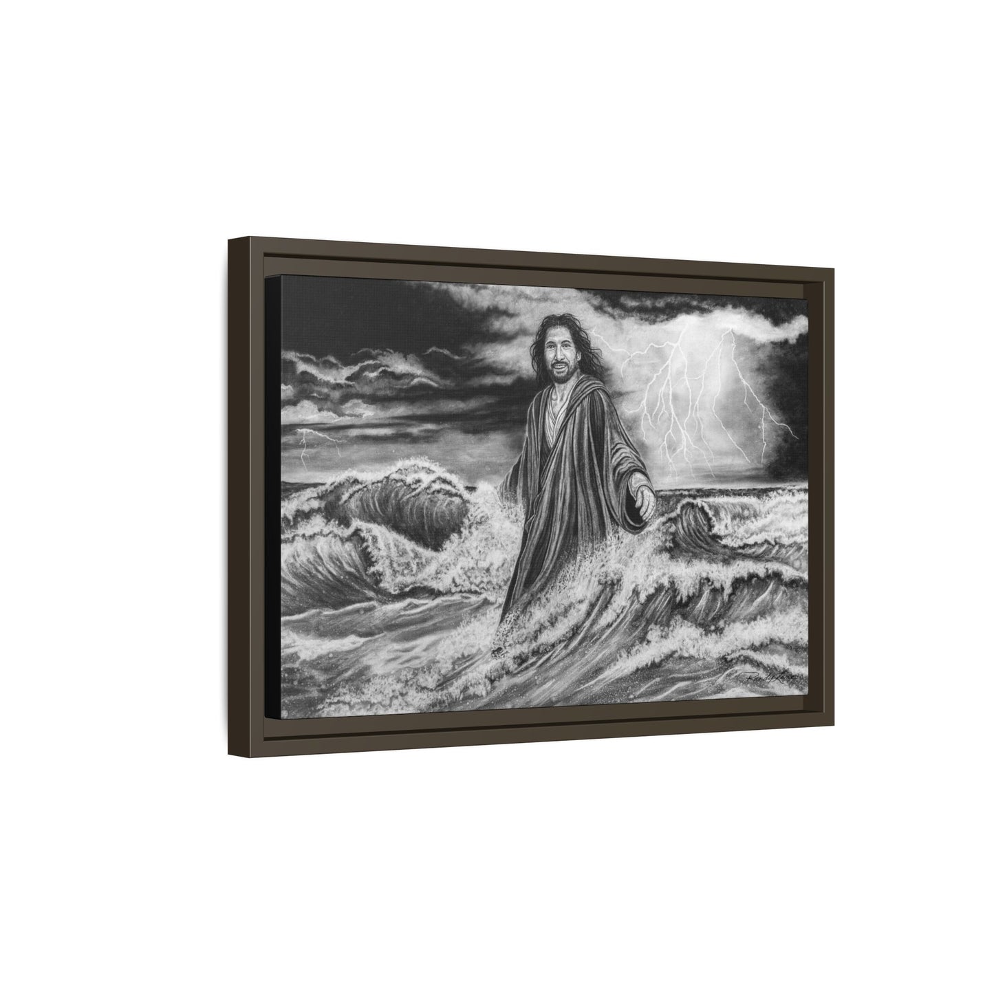 View from the Boat, Jesus Walking on Water Painting Framed Matte Canvas — Religious Wall Art
