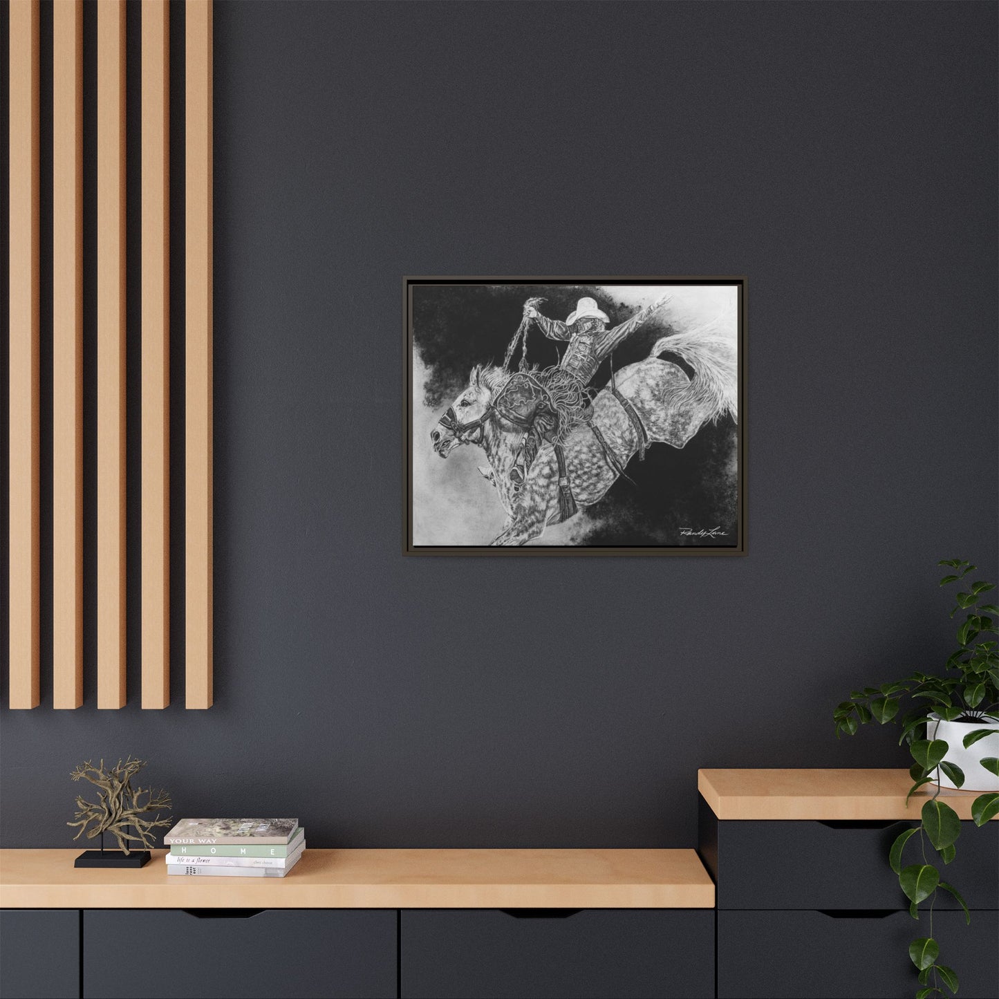 Big Grey, Rodeo Bareback Bronc Painting Framed Matte Canvas Wall Art — Bucking Bronco Cowboy Print