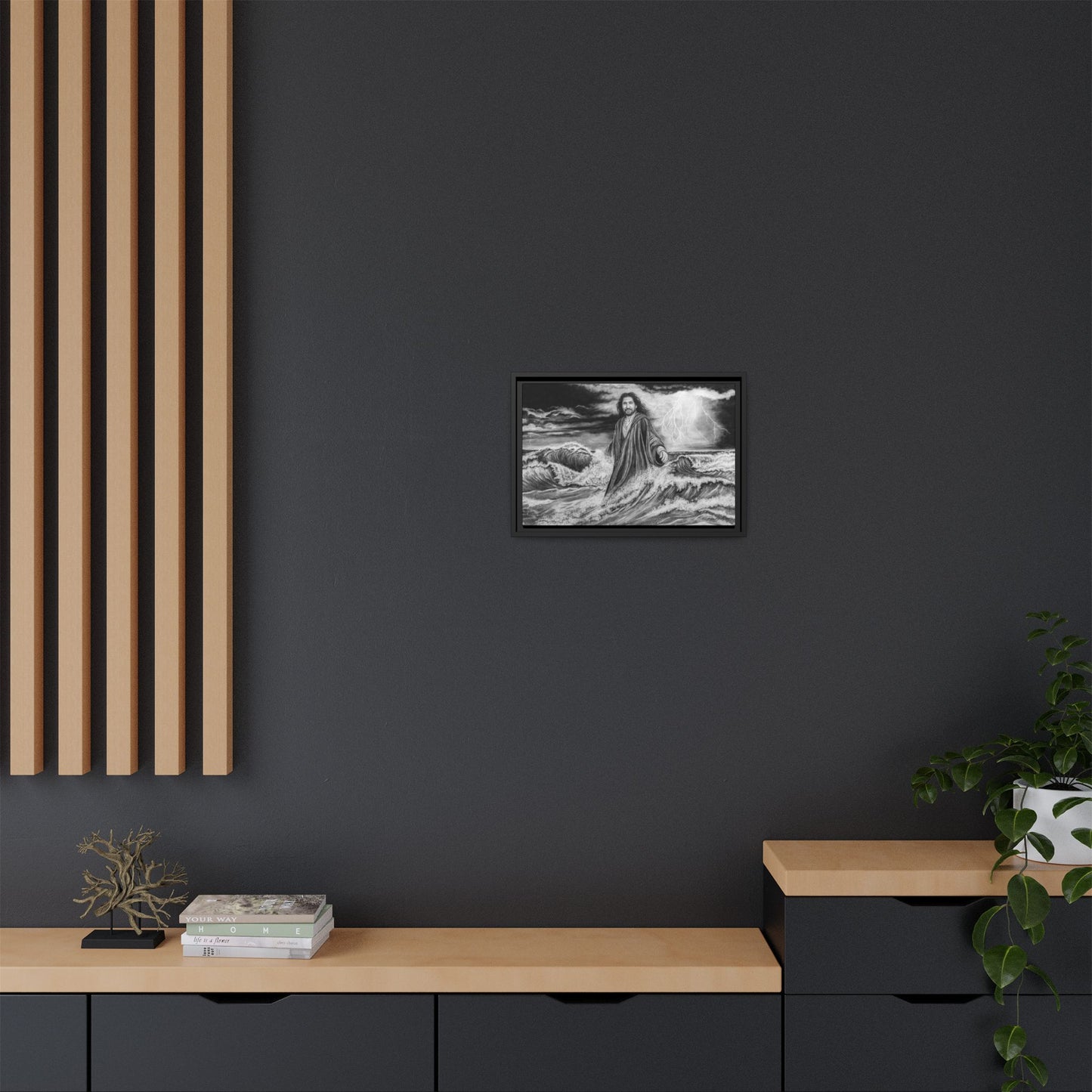 View from the Boat, Jesus Walking on Water Painting Framed Matte Canvas — Religious Wall Art