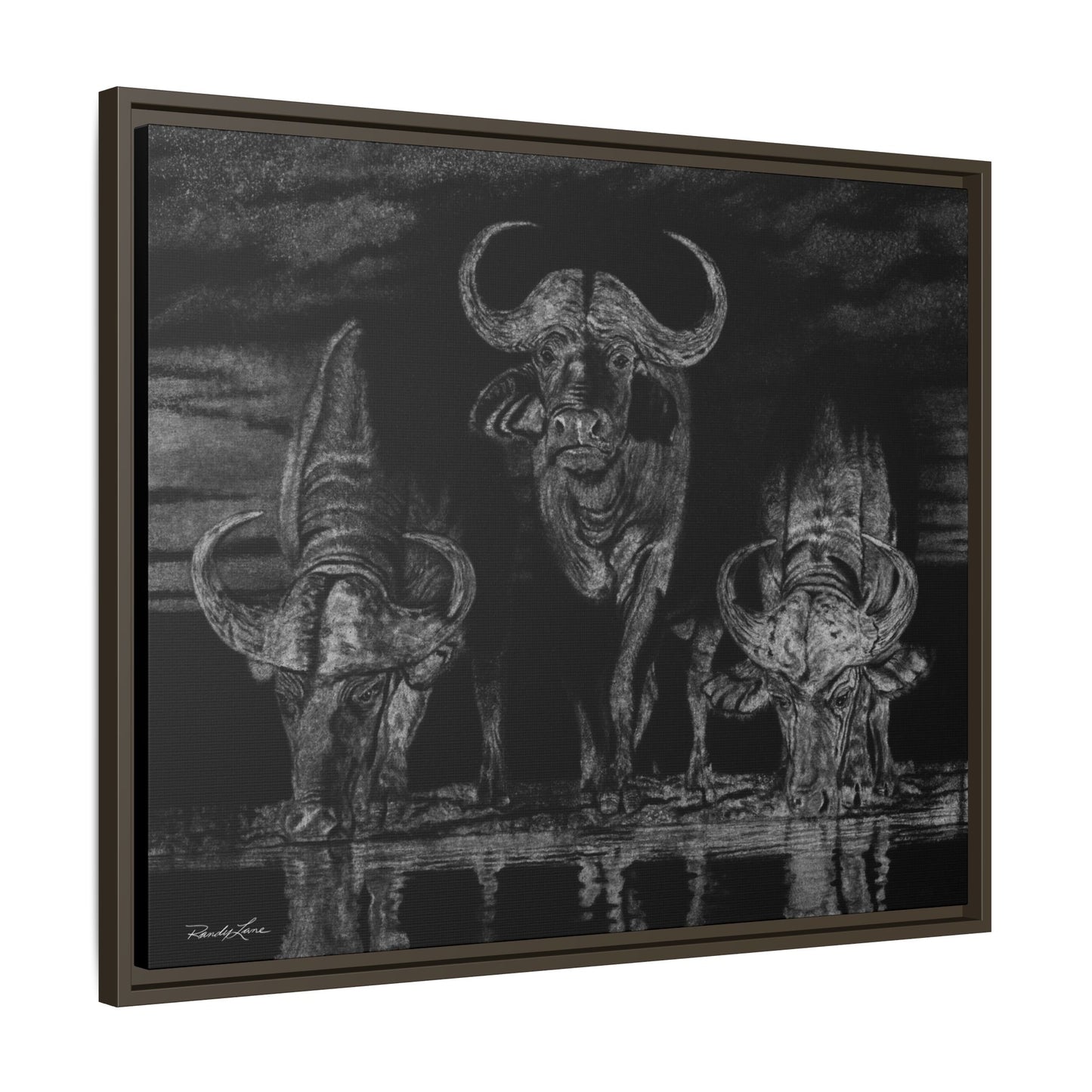 The Waterhole, Cape Buffalo Framed Canvas Wall Art