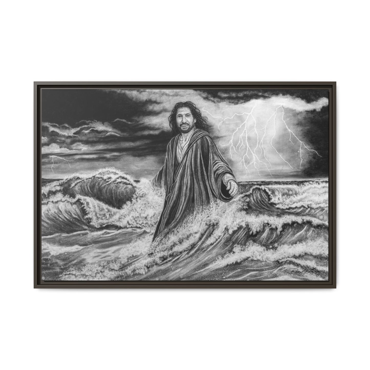 View from the Boat, Jesus Walking on Water Painting Framed Matte Canvas — Religious Wall Art
