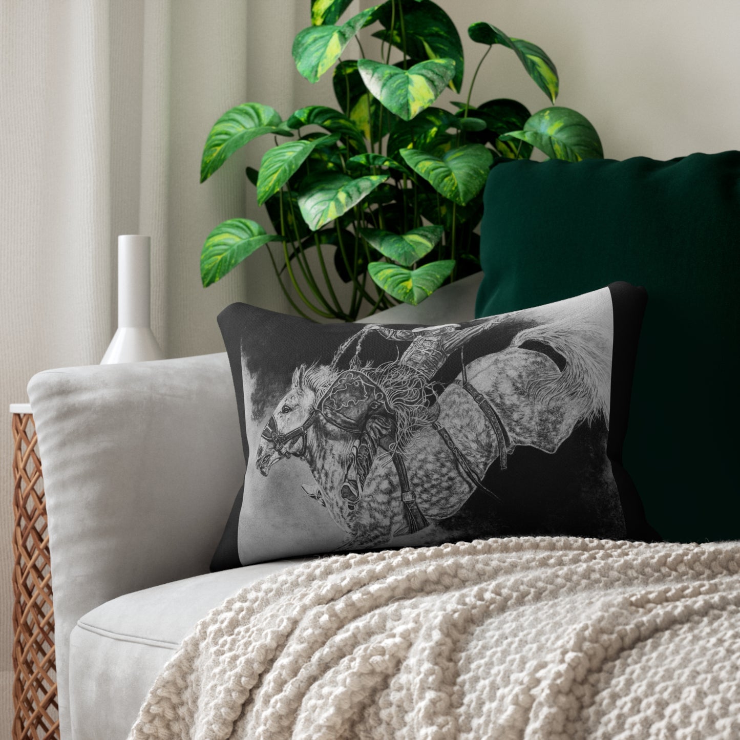Big Grey, Rodeo Bareback Bronc Painting Lumbar Pillow