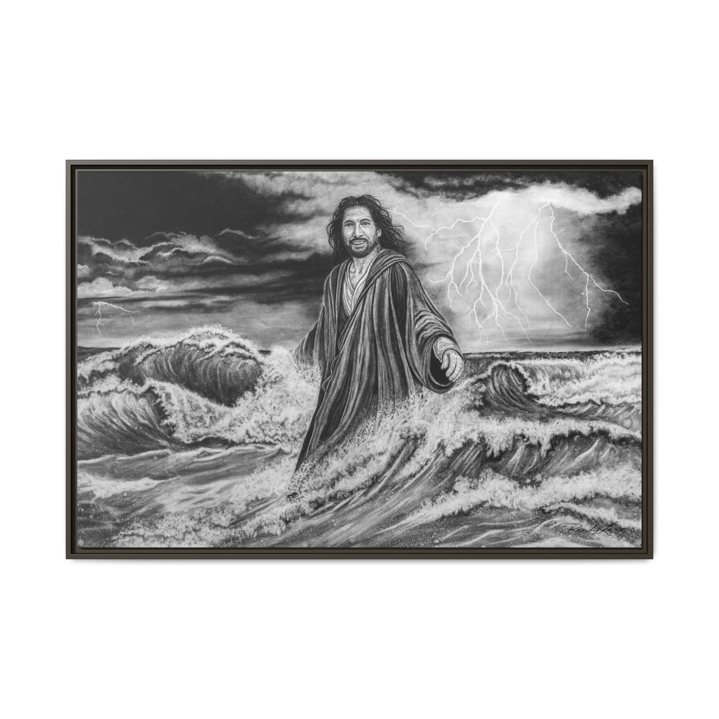 View from the Boat, Jesus Walking on Water Painting Framed Matte Canvas — Religious Wall Art