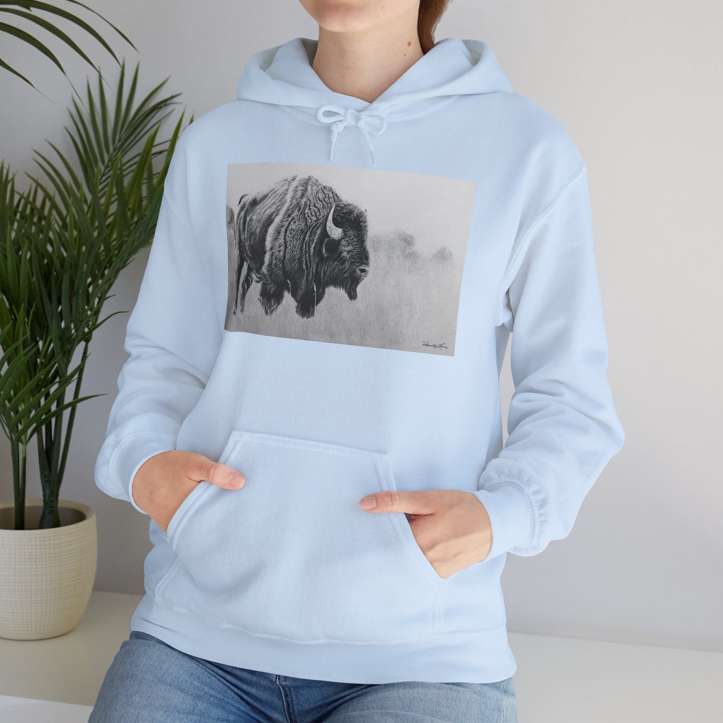 Prairie Bison, Bison Painting Hoodie — Black & White Rustic Buffalo Image Sweatshirt
