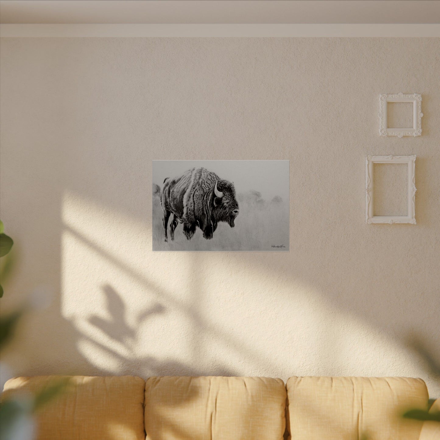 Prairie Bison, Bison Painting Matte Print – Textured Black & White Wildlife Art Print