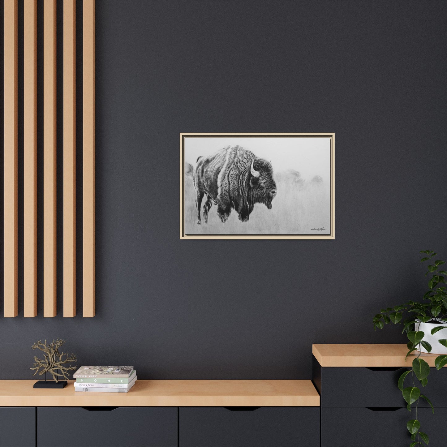 Prairie Bison, Bison Painting Framed Matte Canvas Print — Black & White Wildlife Wall Art