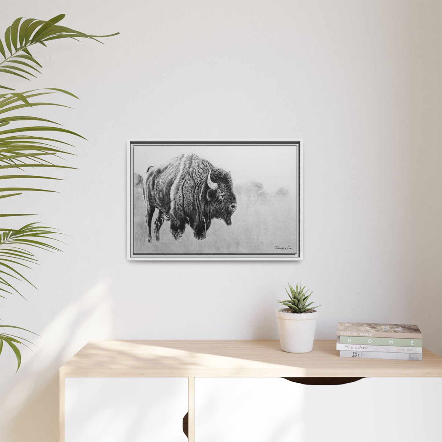 Prairie Bison, Bison Painting Framed Matte Canvas Print — Black & White Wildlife Wall Art