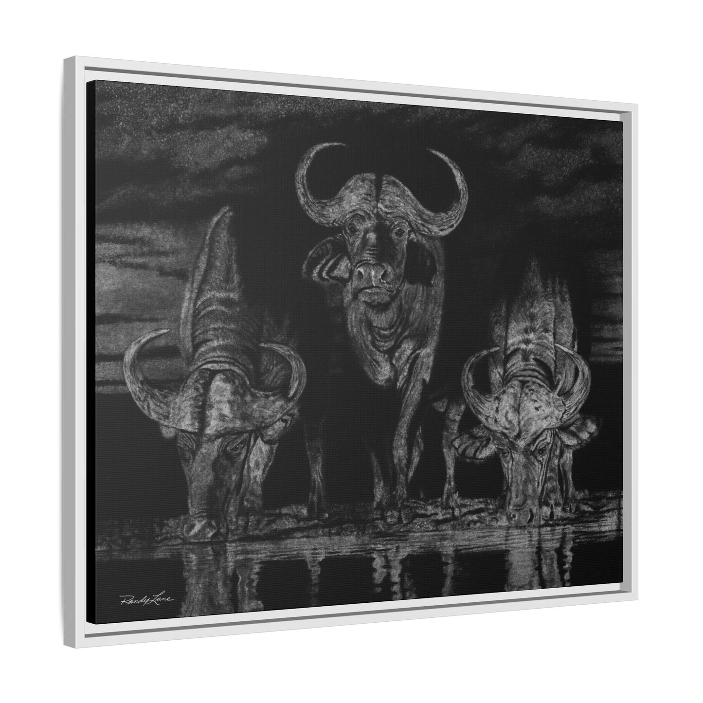 The Waterhole, Cape Buffalo Framed Canvas Wall Art