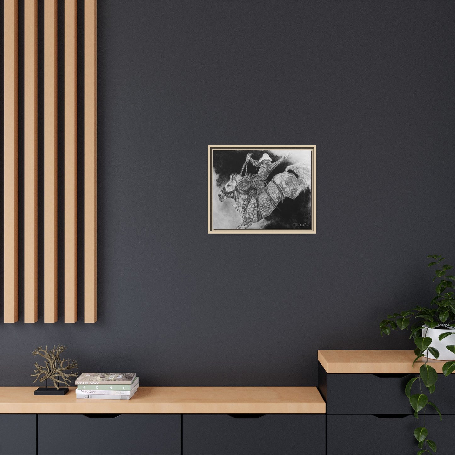 Big Grey, Rodeo Bareback Bronc Painting Framed Matte Canvas Wall Art — Bucking Bronco Cowboy Print
