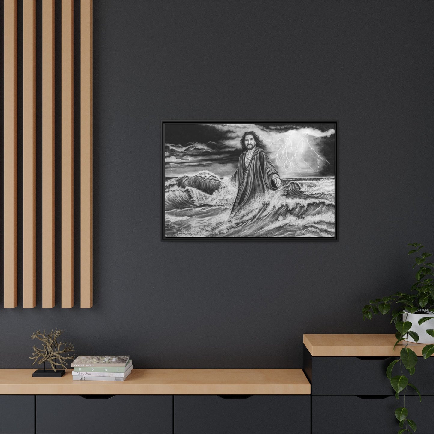 View from the Boat, Jesus Walking on Water Painting Framed Matte Canvas — Religious Wall Art
