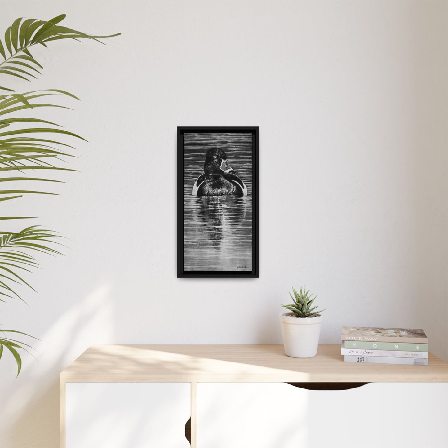 Reflection, Ring necked Duck Painting, Framed Stretched Matte Canvas