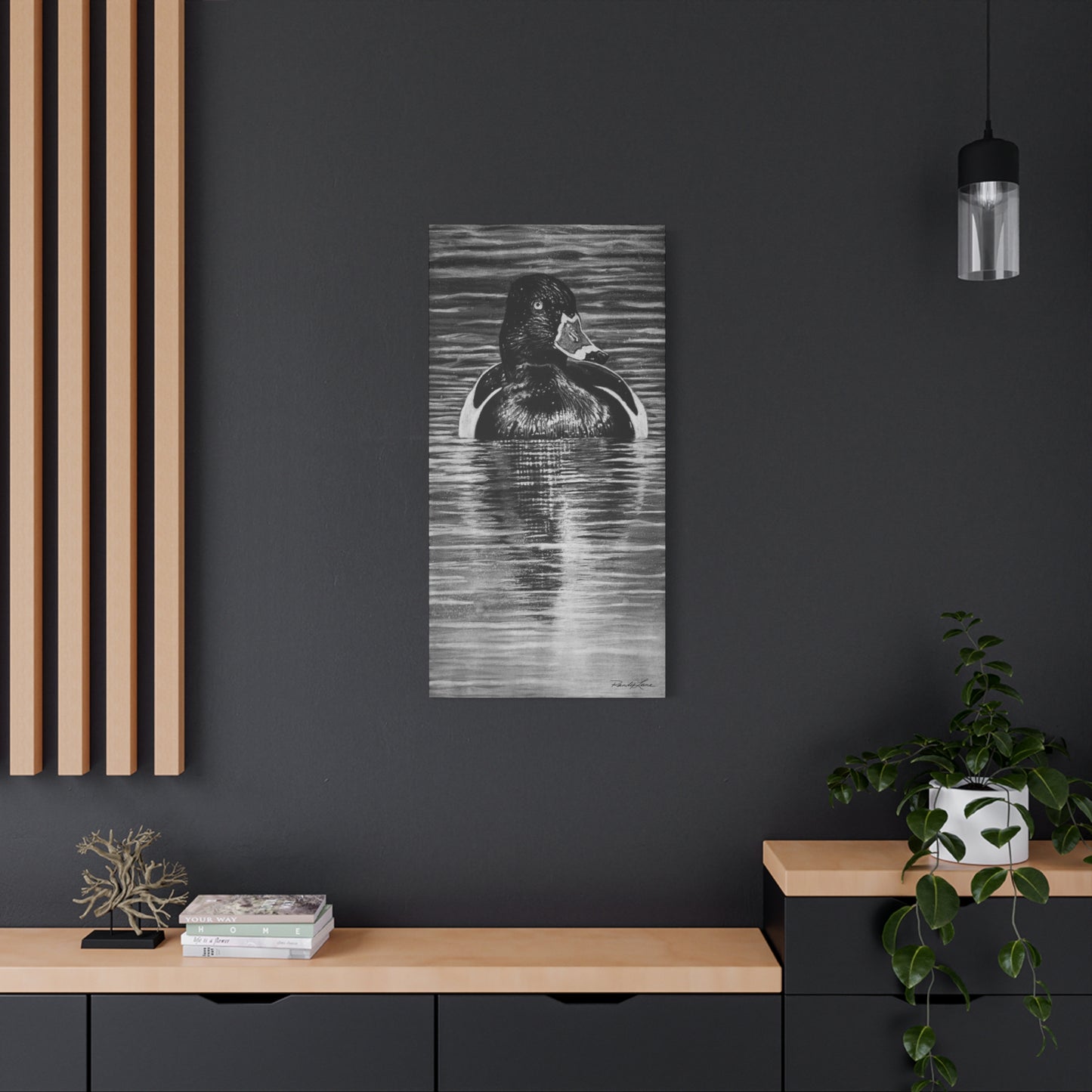 Reflection, Ring necked Duck Painting, Stretched Matte Canvas