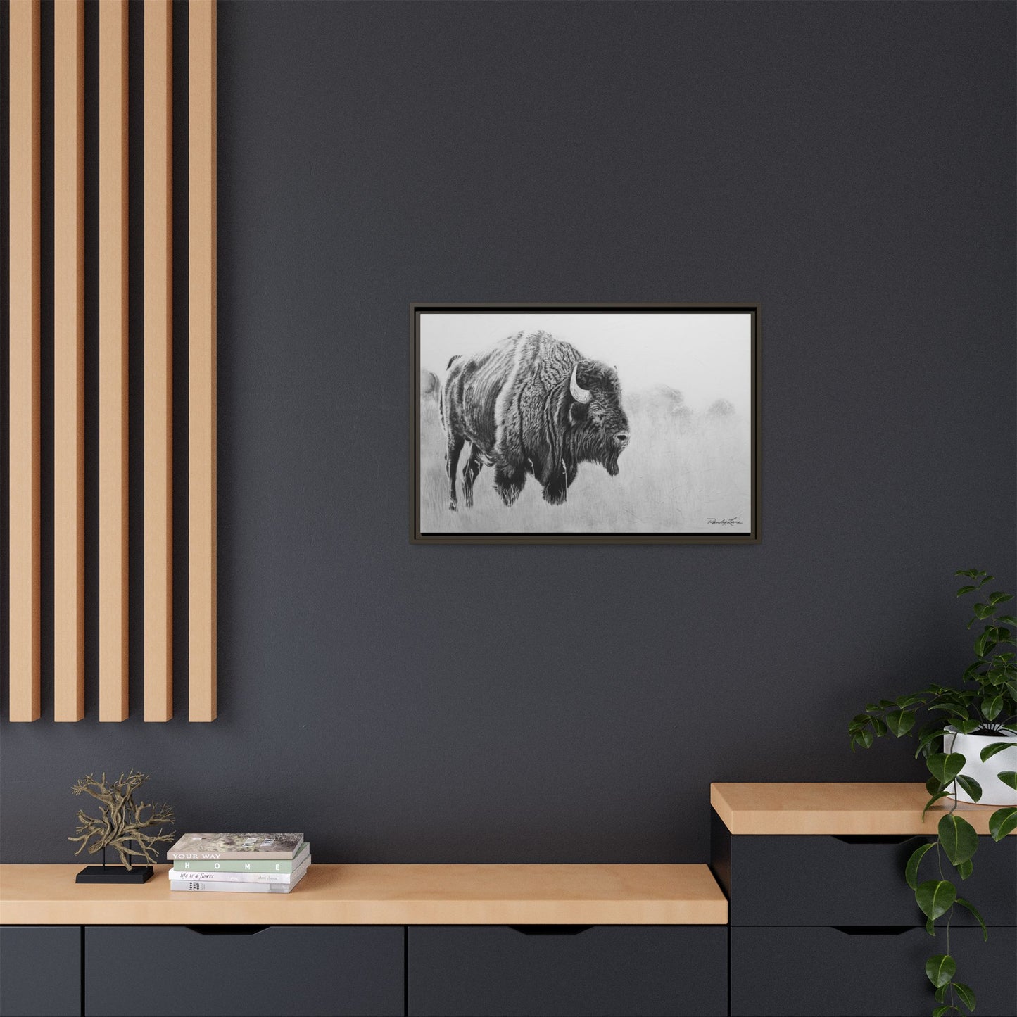 Prairie Bison, Bison Painting Framed Matte Canvas Print — Black & White Wildlife Wall Art