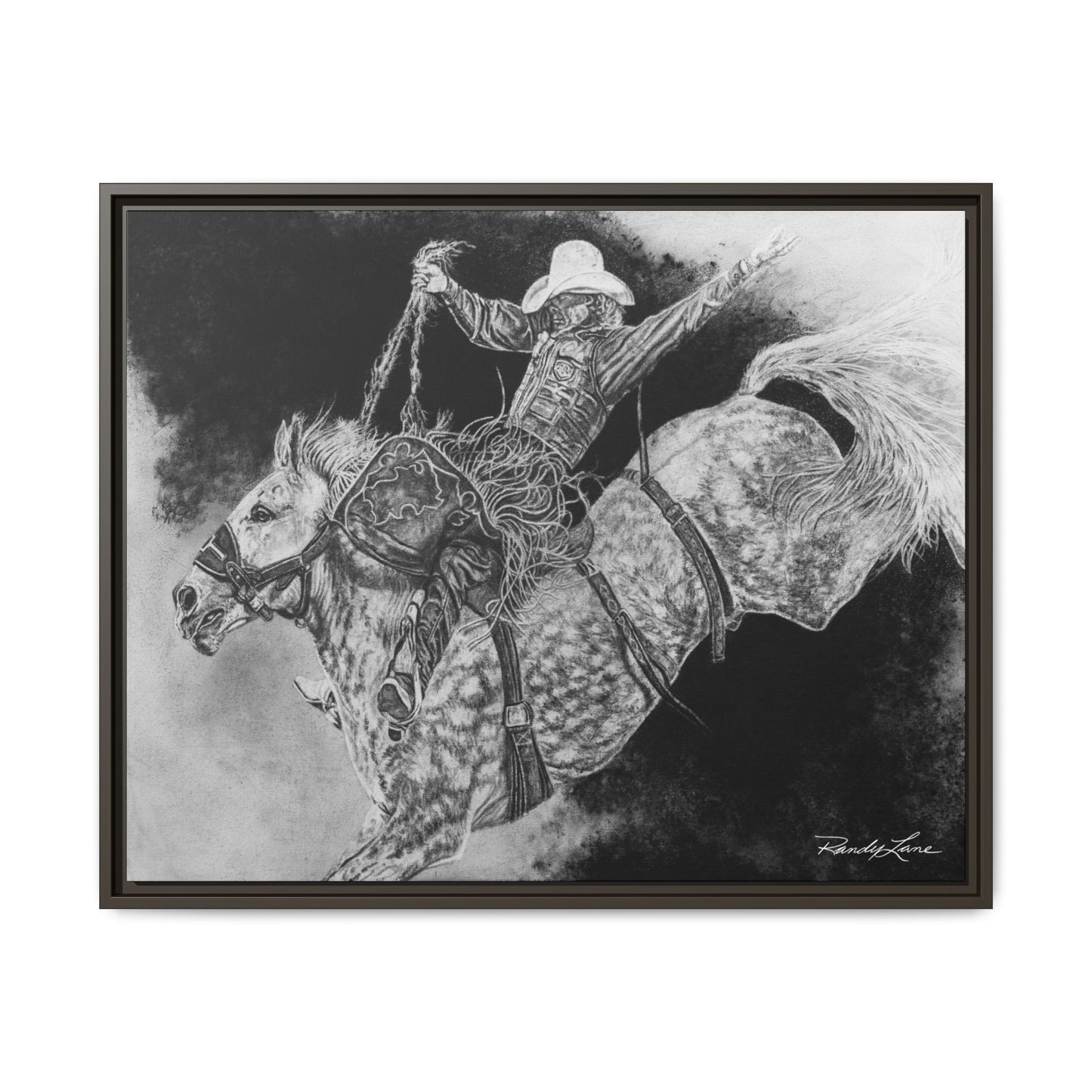 Big Grey, Rodeo Bareback Bronc Painting Framed Matte Canvas Wall Art — Bucking Bronco Cowboy Print