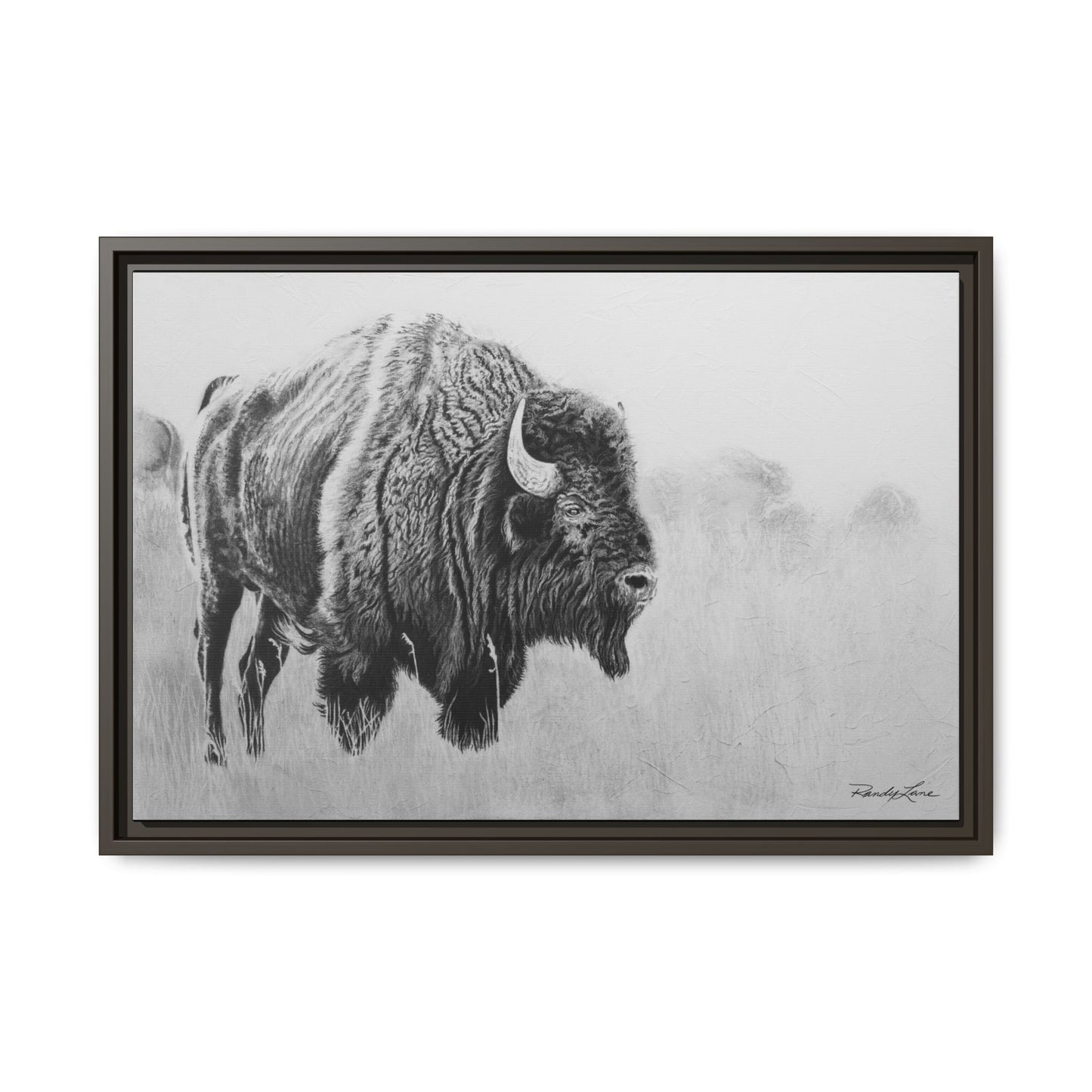 Prairie Bison, Bison Painting Framed Matte Canvas Print — Black & White Wildlife Wall Art