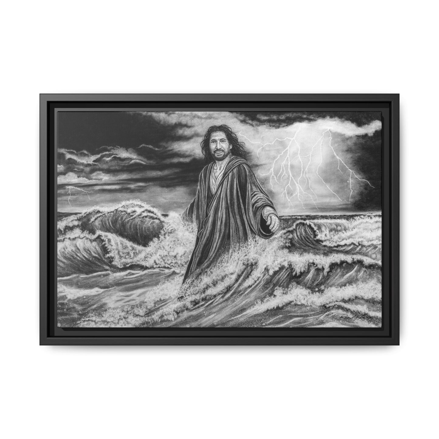 View from the Boat, Jesus Walking on Water Painting Framed Matte Canvas — Religious Wall Art