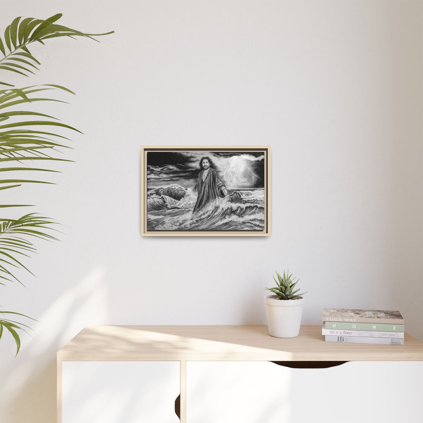 View from the Boat, Jesus Walking on Water Painting Framed Matte Canvas — Religious Wall Art
