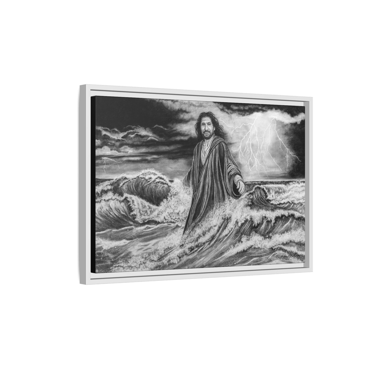 View from the Boat, Jesus Walking on Water Painting Framed Matte Canvas — Religious Wall Art