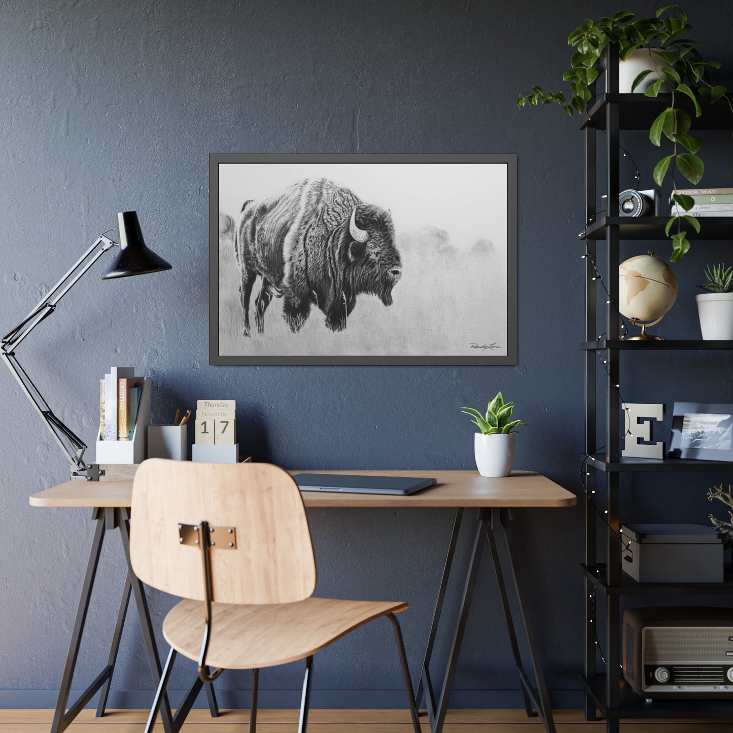 Prairie Bison, Bison Charcoal Art Framed Print