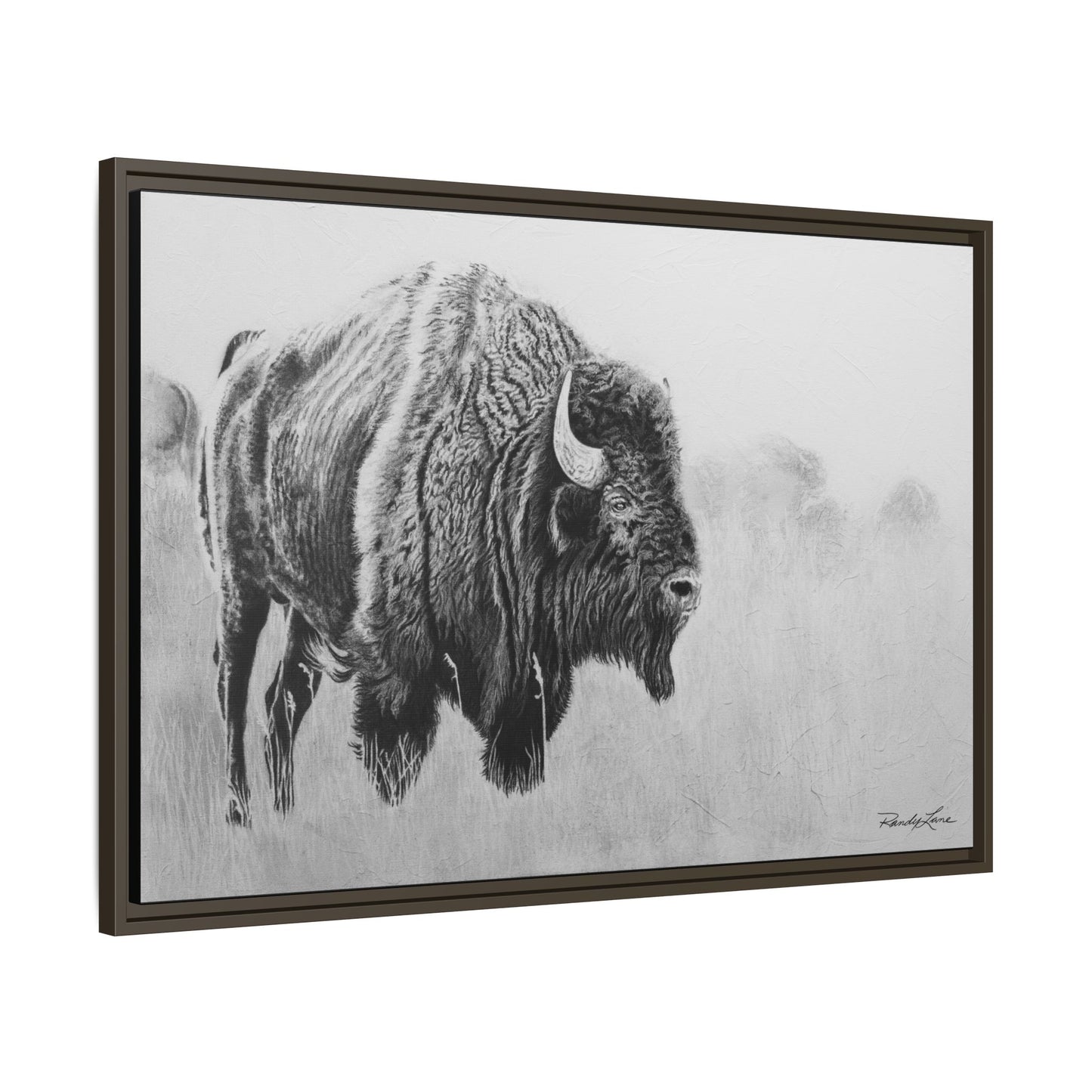 Prairie Bison, Bison Painting Framed Matte Canvas Print — Black & White Wildlife Wall Art
