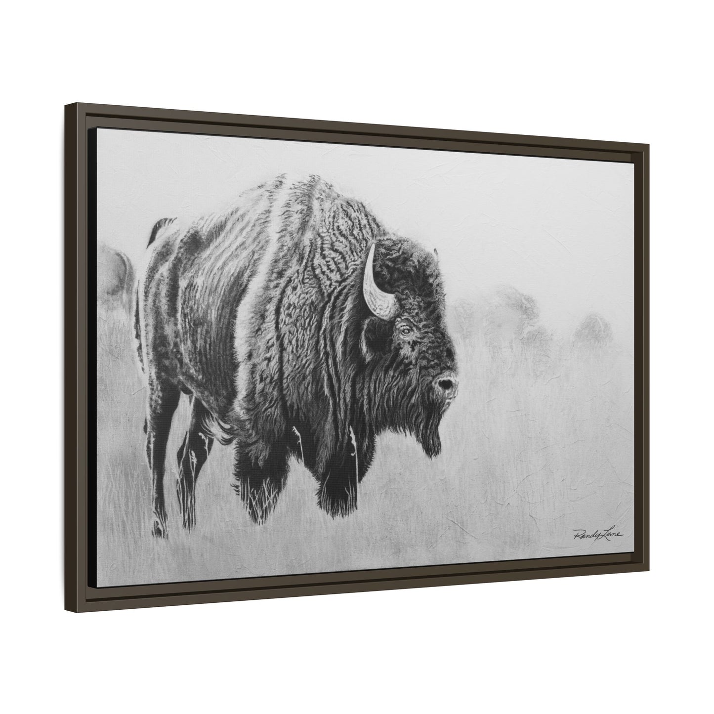 Prairie Bison, Bison Painting Framed Matte Canvas Print — Black & White Wildlife Wall Art